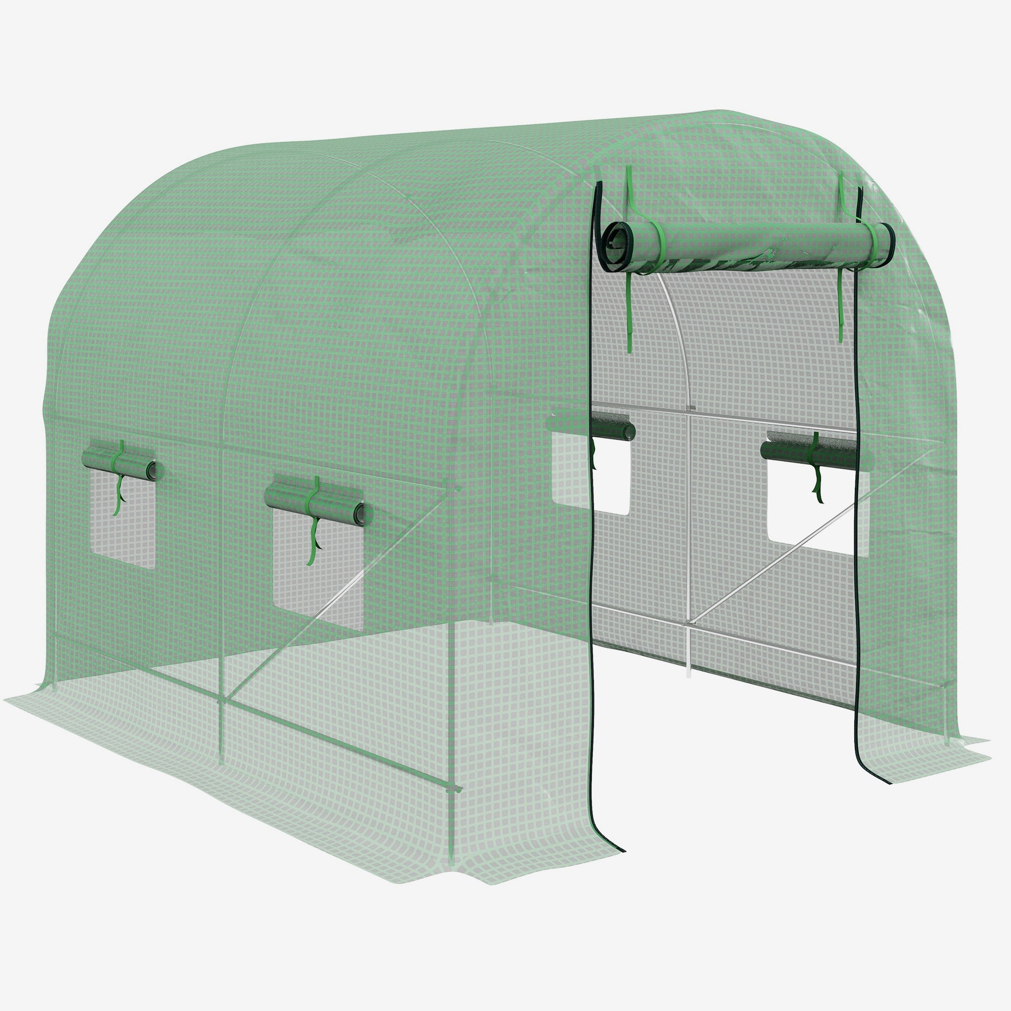 Outsunny Walk-In Garden Polytunnel Greenhouse with Steel Frame, PE Cover, Roll-Up Door and 4 Windows, 2.5 x 2m, Green - North Peak Garden Furniture