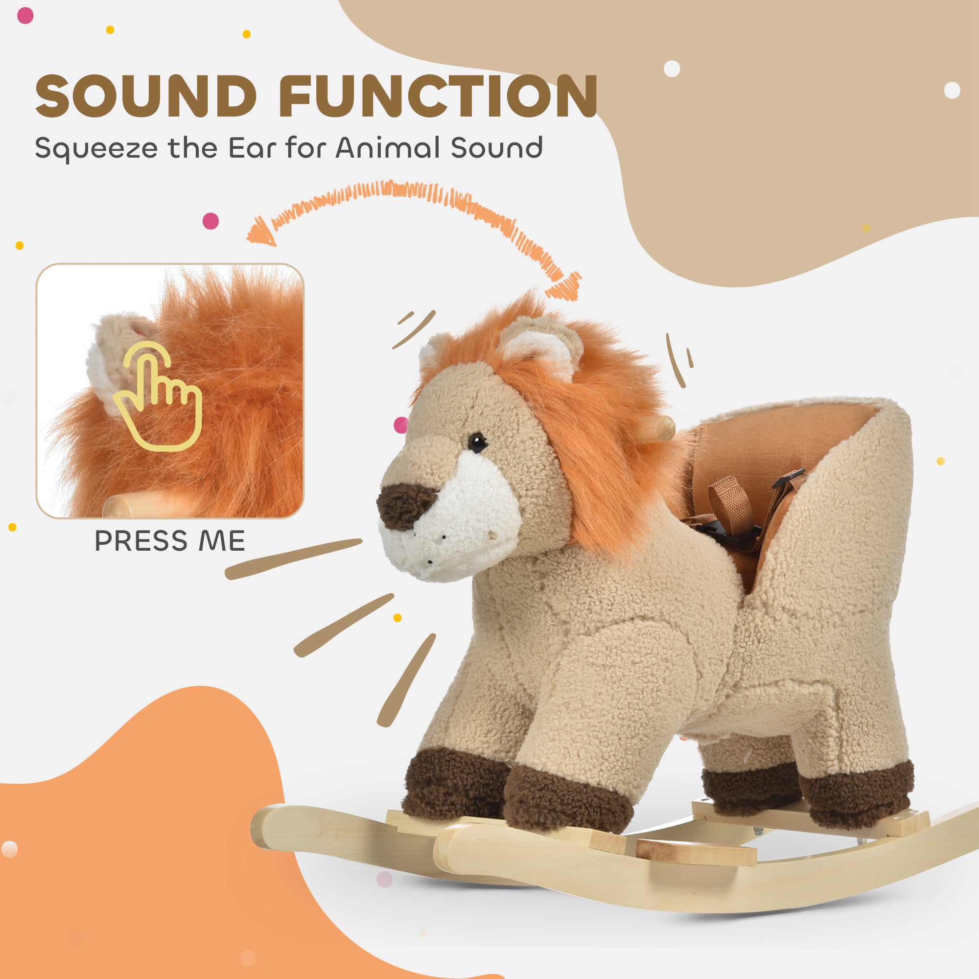 HOMCOM Kids Children Rocking Horse Plush Ride On Lion Seat w/ Sound Wood Base Seat Safety Belt Toddler Baby Toy for 18-36 Months Brown