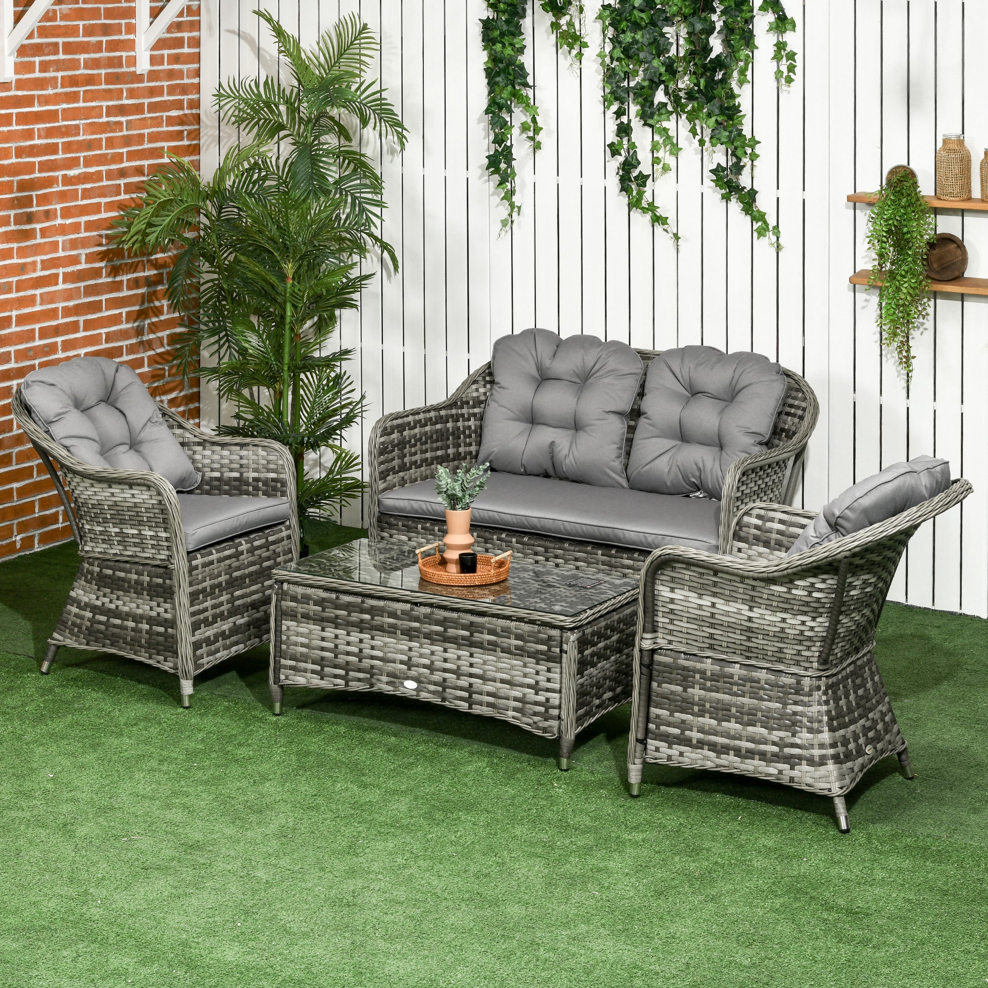 Outsunny 4 Pieces Outdoor PE Rattan Garden Furniture with Cushions, Patio Special Hand Weave Wicker Conservatory Sofa Set with Glass Top Coffee Table, Mixed Grey - North Peak Garden Furniture