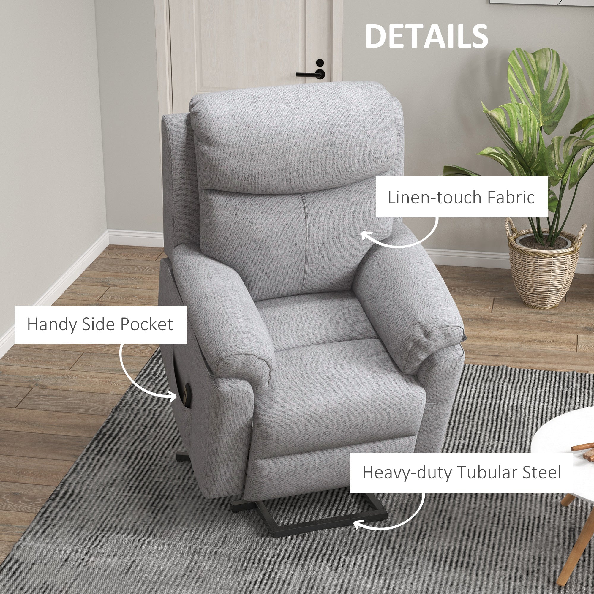 HOMCOM Power Lift Chair Electric Riser Recliner for Elderly with Massage, Linen Fabric Sofa Lounge Armchair with Remote Control and Side Pocket, Grey