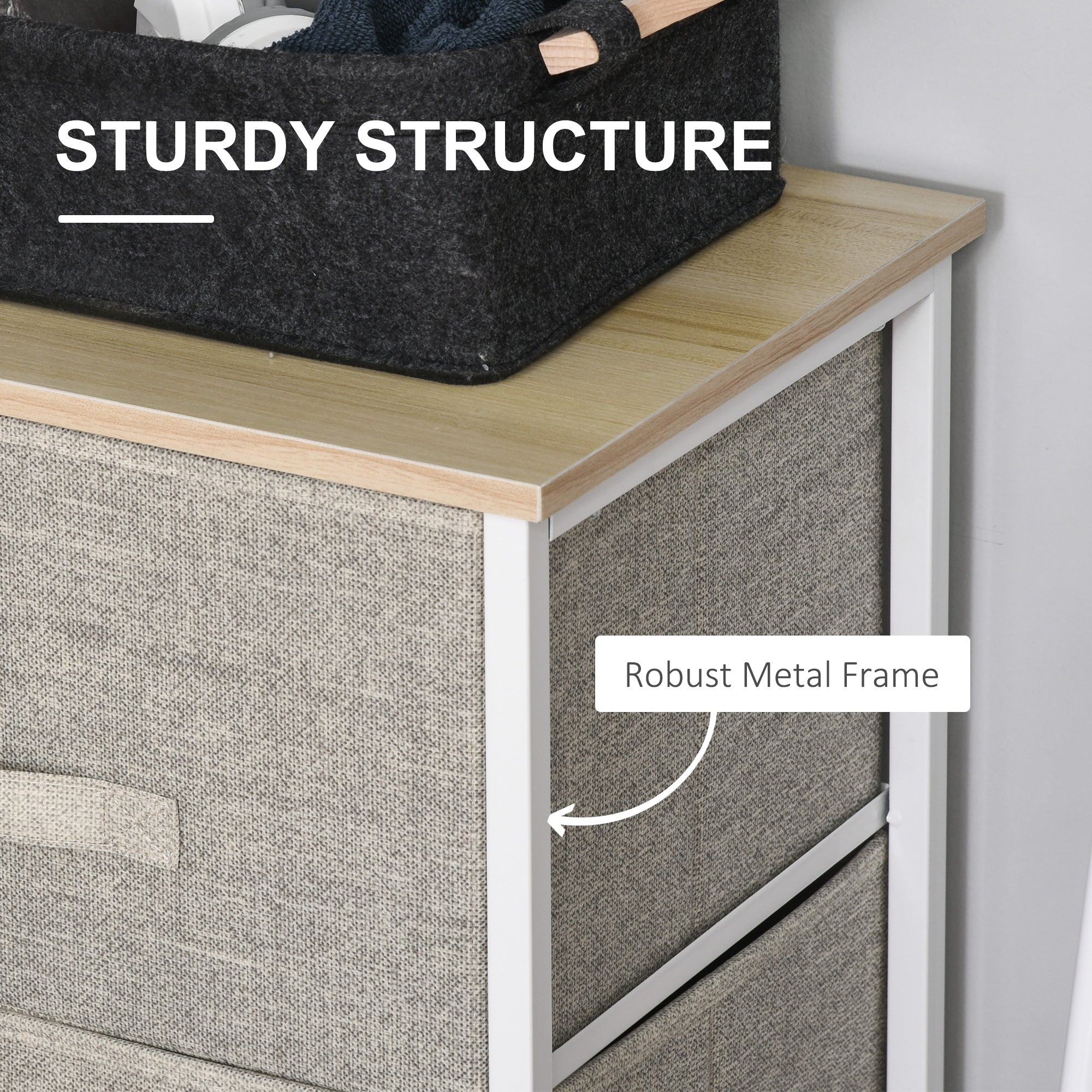 HOMCOM Vertical 3-Tier Linen Drawer Cabinet Organizer Storage Dresser Tower with Metal Frame Adjustable Feet for Living Room, Bathroom, Kitchen, White, Oak and Light Grey - North Peak Garden Furniture
