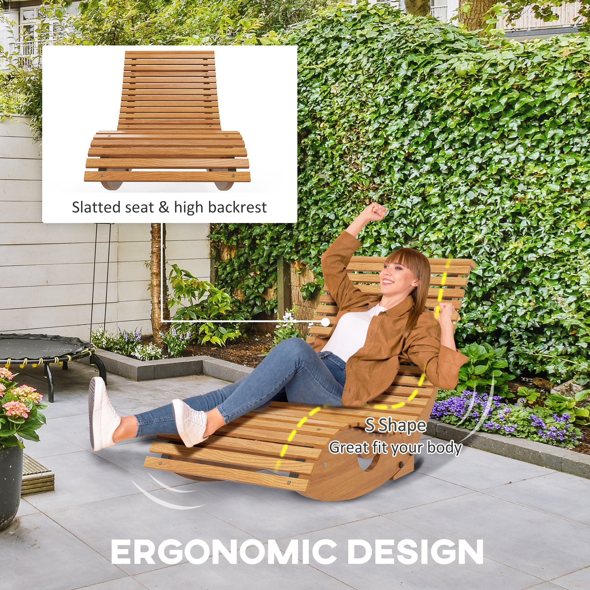 Outsunny Outdoor Rocking Chair w/ Slatted Seat, Wooden Rocking Chair, 130cm x 60cm x 60cm, Teak