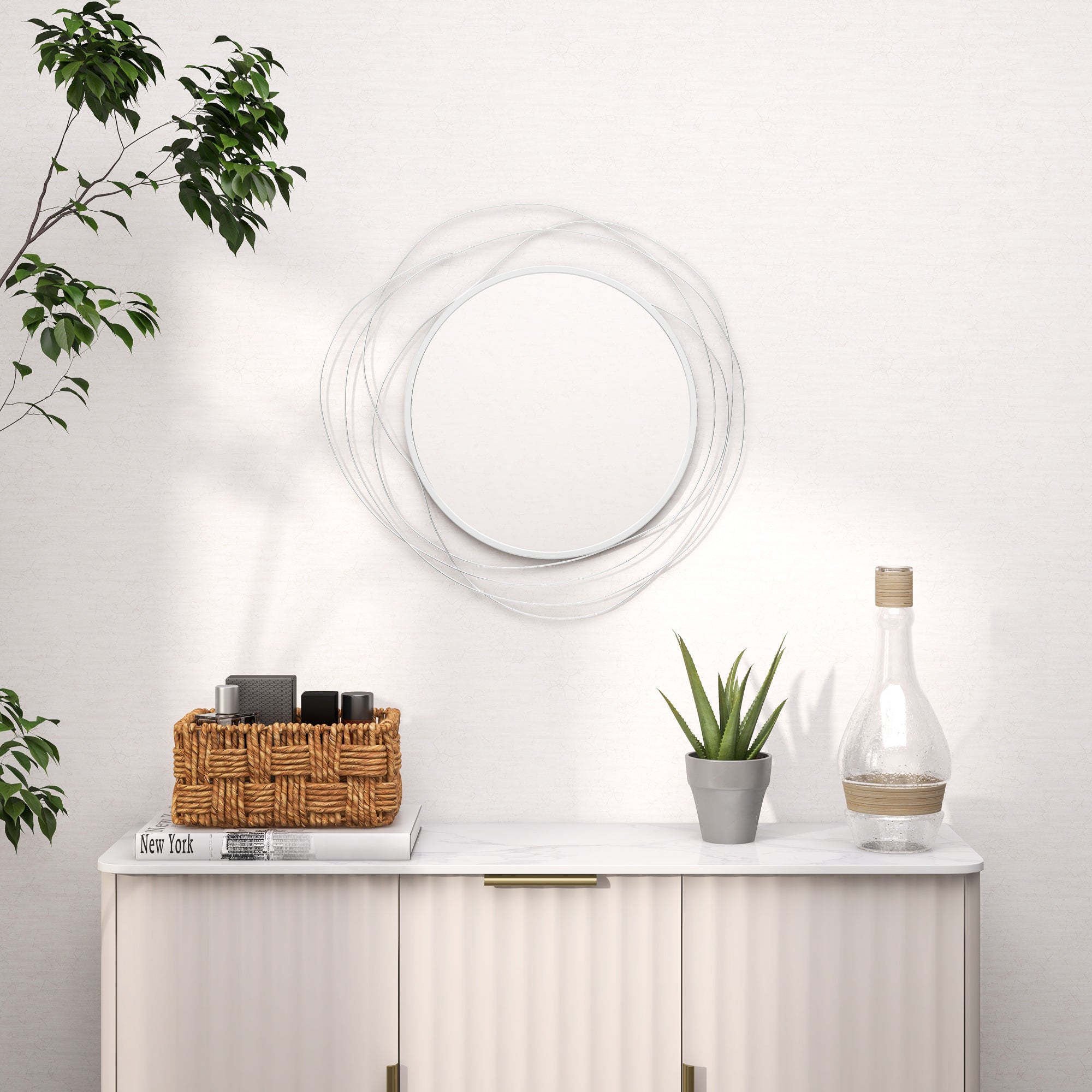 HOMCOM Abstract Metal Wire Wall Mirror, with Accessories - Silver - North Peak Garden Furniture