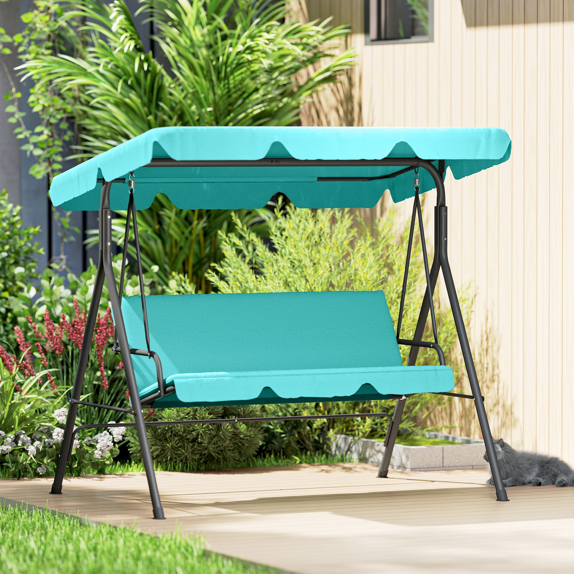 Outsunny Three-Seater Garden Swing Chair, with Adjustable Canopy - Blue