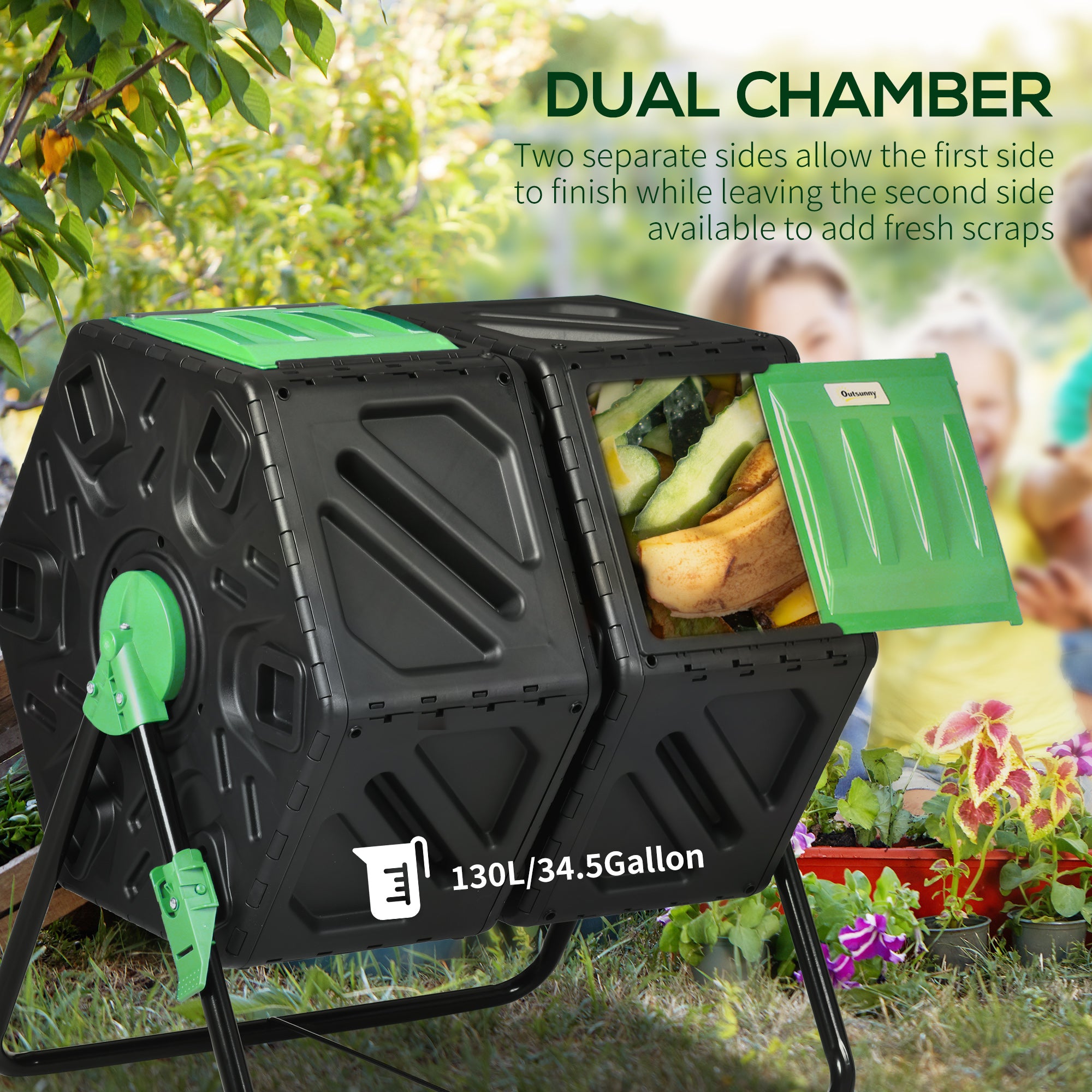 Outsunny Dual Chamber Garden Compost Bin, 130L Rotating Composter, Compost Maker with Ventilation Openings and Steel Legs - North Peak Garden Furniture