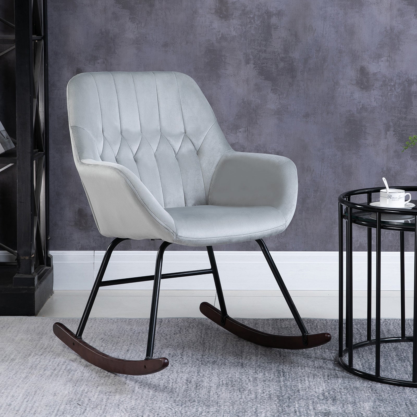 HOMCOM Rocking Chair Reading Accent Armchair with Steel Frame Sponge Padded for Living Room, Dining Room, Office, Balcony, Grey and Black - North Peak Garden Furniture