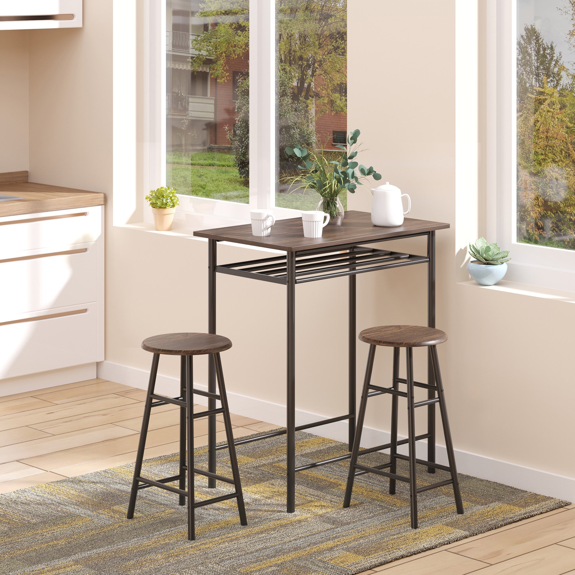 HOMCOM Bar Table Set, Bar Table and Stools Set, Footrest and Storage Shelf, for Kitchen, Dining Room, Pub, Cafe, Black and Oak - North Peak Garden Furniture