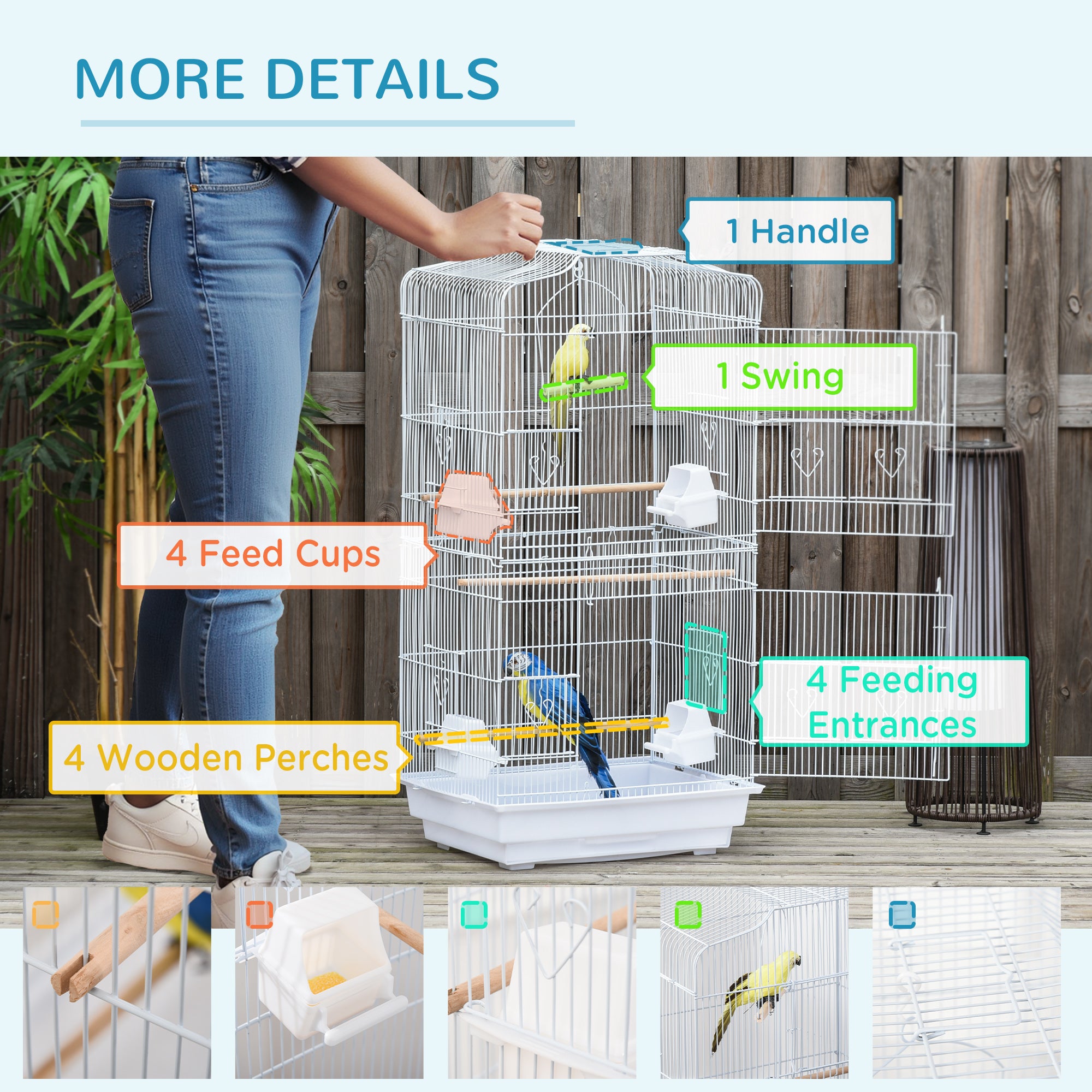 PawHut Large Metal Bird Cage with Stand, Perches, Food Bowls, Swing for Budgie, Parakeet, 46.5 x 35.5 x 92cm,White - North Peak Garden Furniture