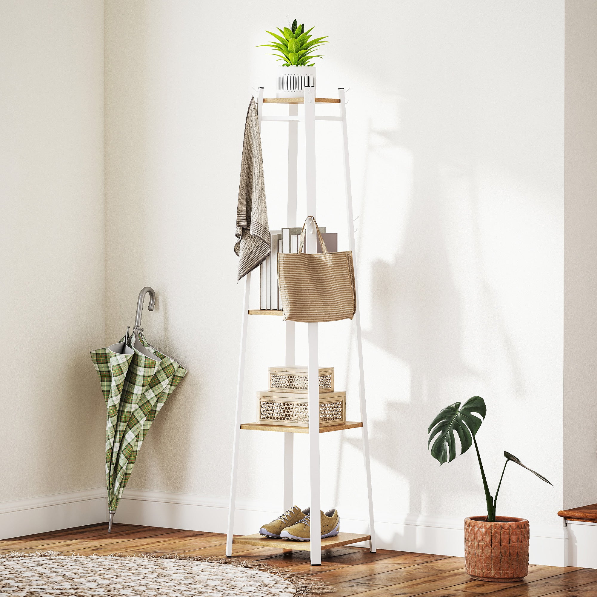 HOMCOM Compact Freestanding Coat Rack - White/Oak - North Peak Garden Furniture