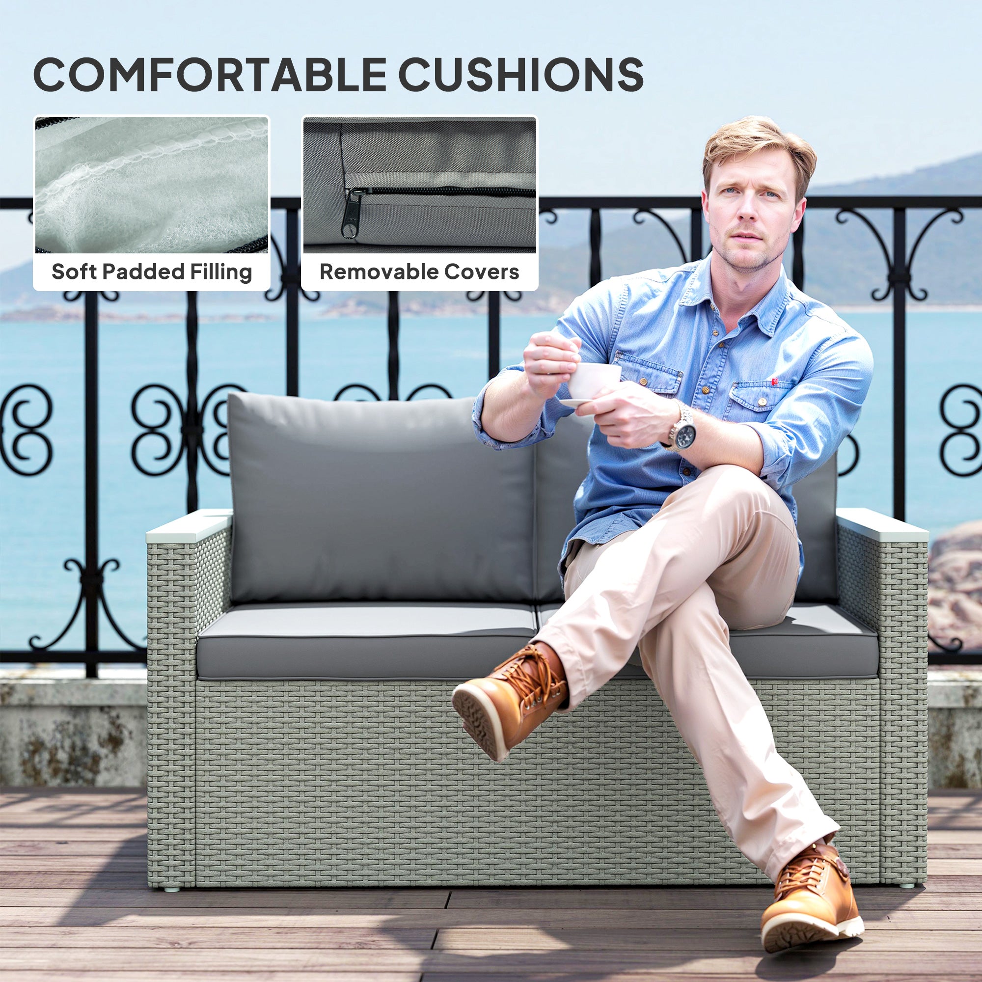Outsunny 4 Piece Rattan Garden Furniture Set, 4 Seater Wicker Outdoor Sofa Set with 2 Armchairs, Loveseat, Acacia Wood Top Coffee Table, Cushions, Patio Conservatory Set for Balcony, Light Grey - North Peak Garden Furniture