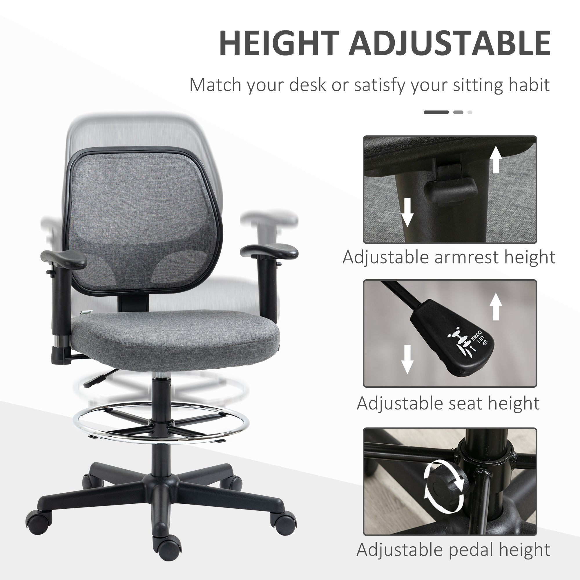 Vinsetto Drafting Chair, Fabric Office Chair, Ergonomic Painting Chair with Height Armrest Adjustable and Foot Ring, 360° Swivel Stool Chair for Standing Desk, Grey