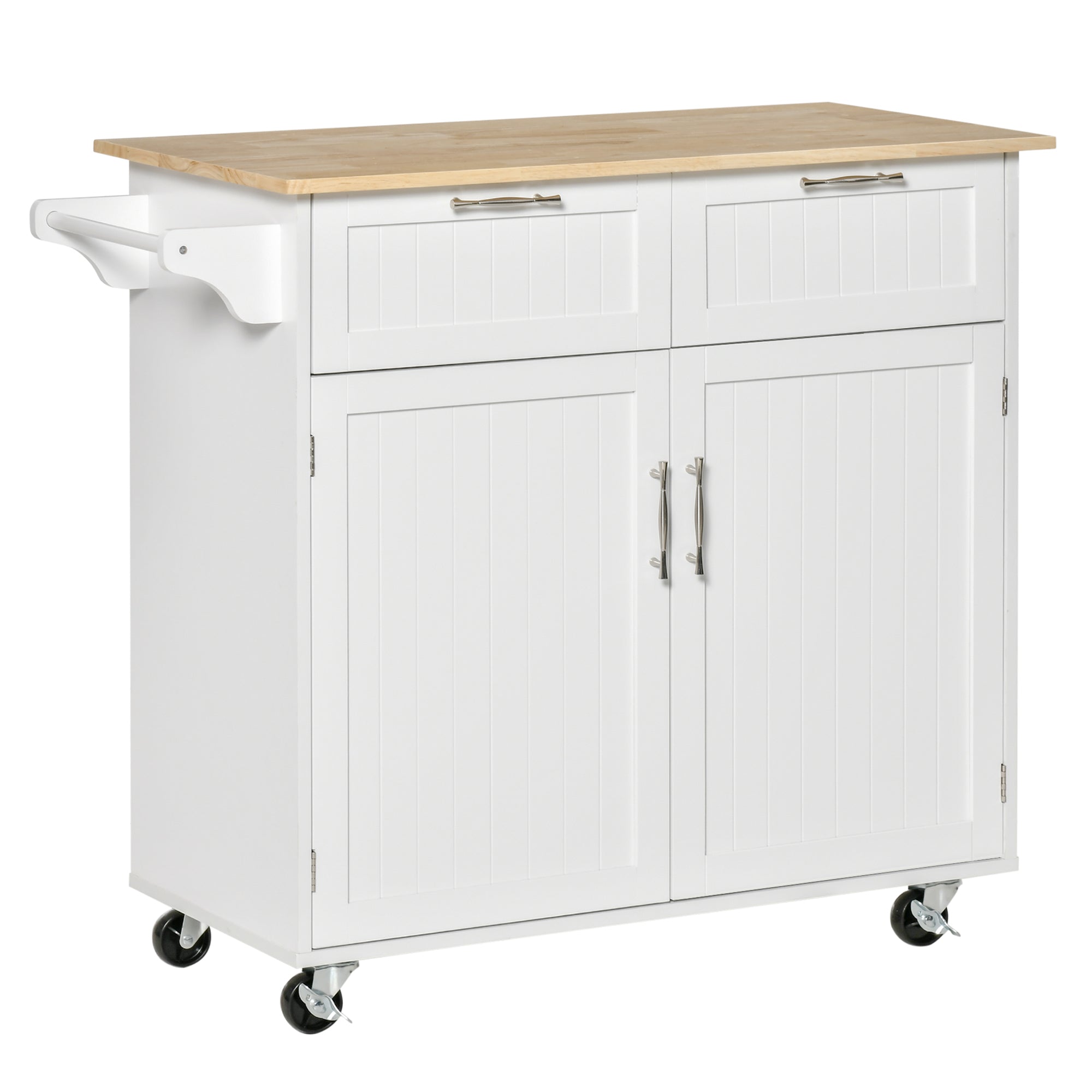 HOMCOM Modern Rolling Kitchen Island Storage Cart Utility Trolley with Rubberwood Top Two Drawers-White