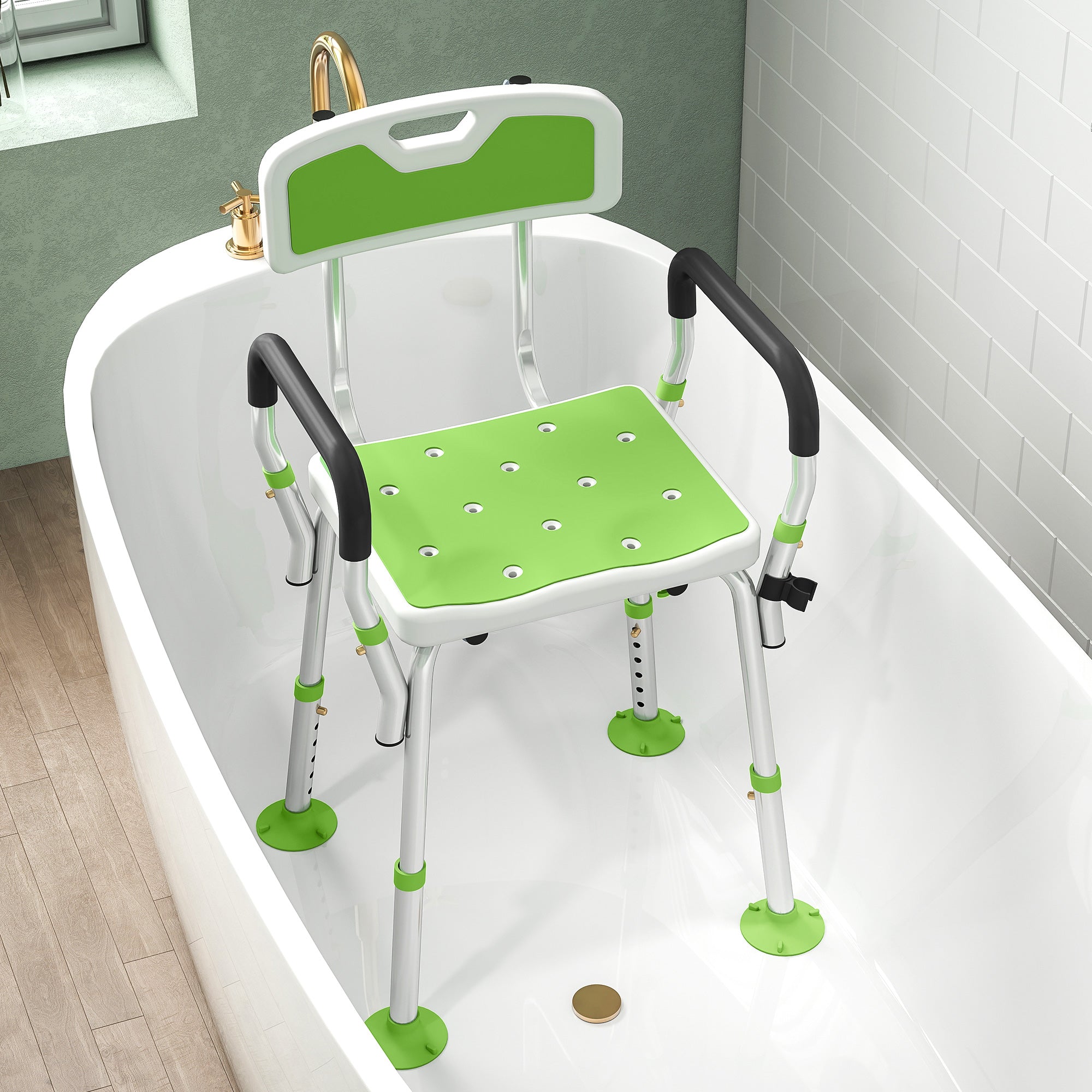 HOMCOM EVA Padded Shower Chair for the Elderly and Disabled, Height Adjustable Shower Stool with Back and Arms, 4 Suction Foot Pads, Green