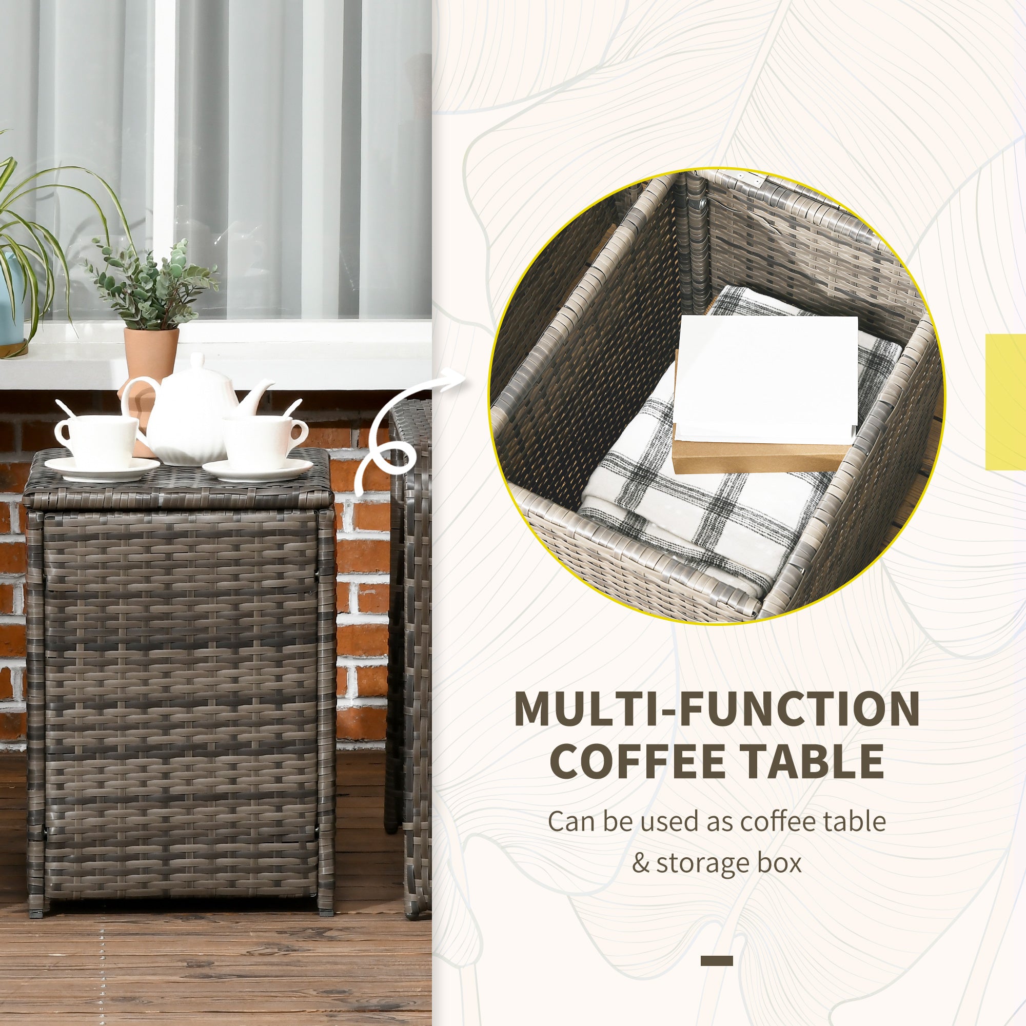 Outsunny 3 Pieces Rattan Bistro Set, Wicker Garden Furniture Set with Storage Coffee Table and Chairs, Thickened Cushions for Outdoor, Patio, Balcony, Grey - North Peak Garden Furniture