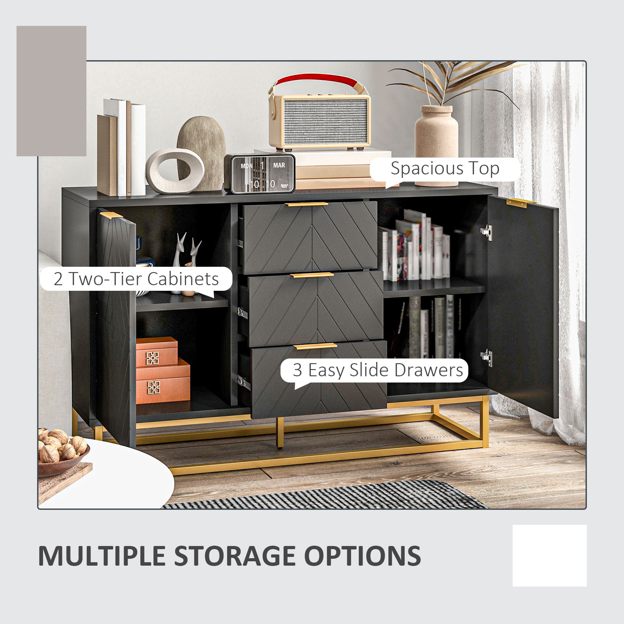 HOMCOM Sideboard with 3 Drawers and Adjustable Shelves for Living Room - Black