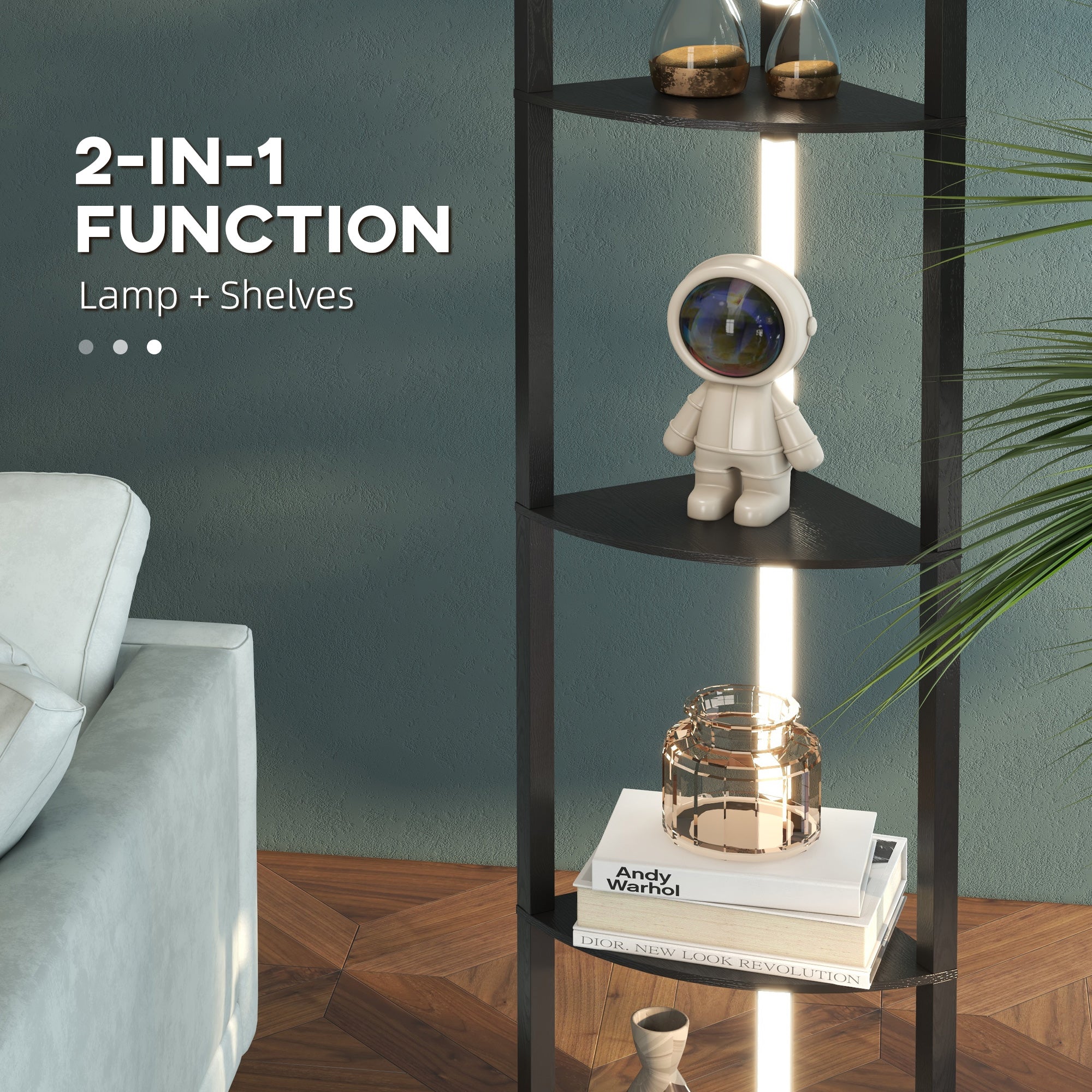 HOMCOM Corner Floor Lamp for Living Room Bedroom with Dimmable Warm White LED Light, Modern Tall Standing Lamp, Black - North Peak Garden Furniture