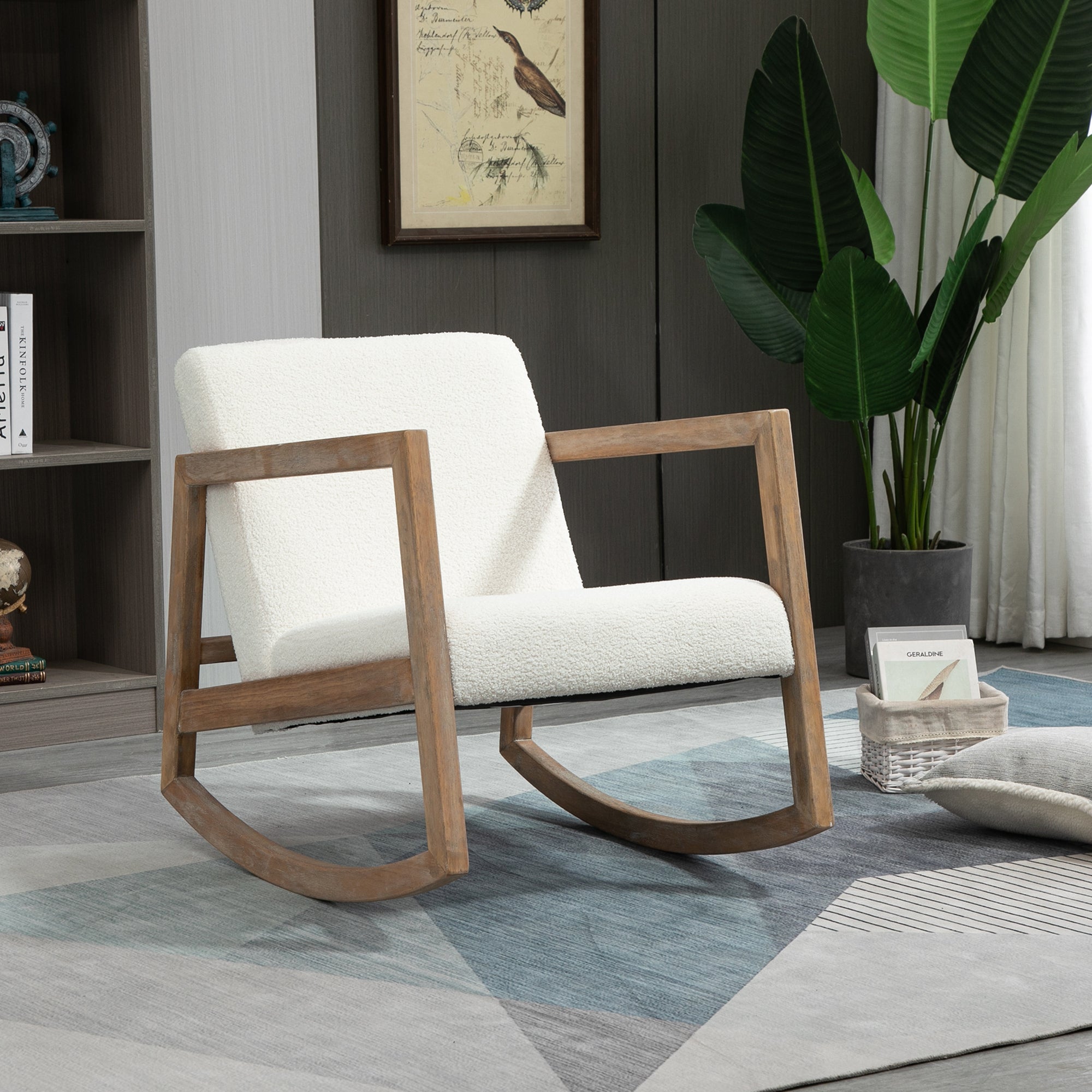 HOMCOM Rocking Chair, Upholstered Sofa Armchair with Cushion and Wood Base for Living Room and Bedroom, Cream White - North Peak Garden Furniture