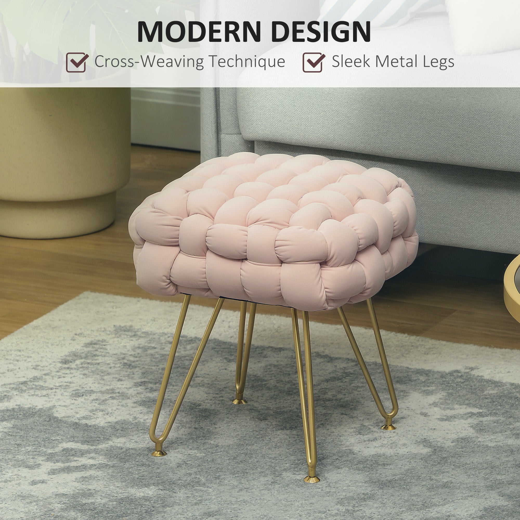 HOMCOM Velvet-Feel Bold Woven Footstool - Pink - North Peak Garden Furniture