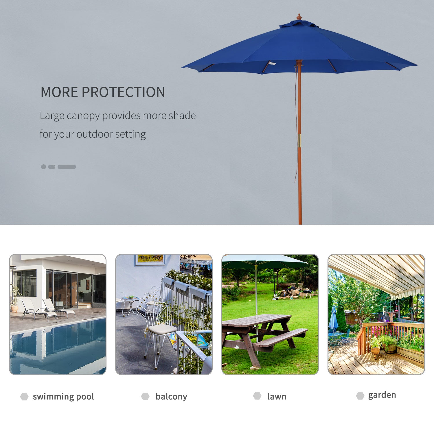 Outsunny 2.5m Garden Parasol Umbrella, Outdoor Market Table Umbrella with Wooden Pole & 8 Fibre Glass Ribs, Round Sun Shade Canopy, Blue - North Peak Garden Furniture