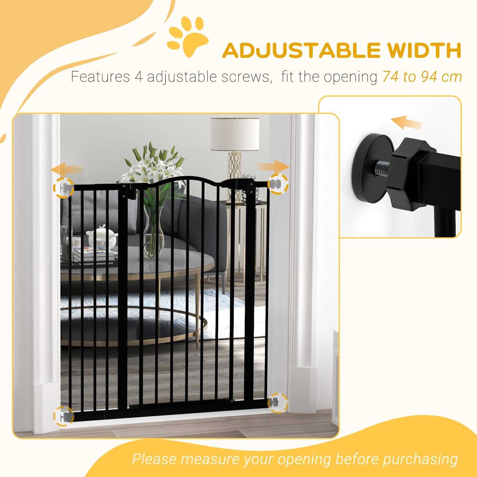 PawHut Pressure Fit Dog Stair Gate No Drilling Safety Gate Auto Close for Doorways, Hallways, 74-94cm Adjustable, 94cm Tall, Black