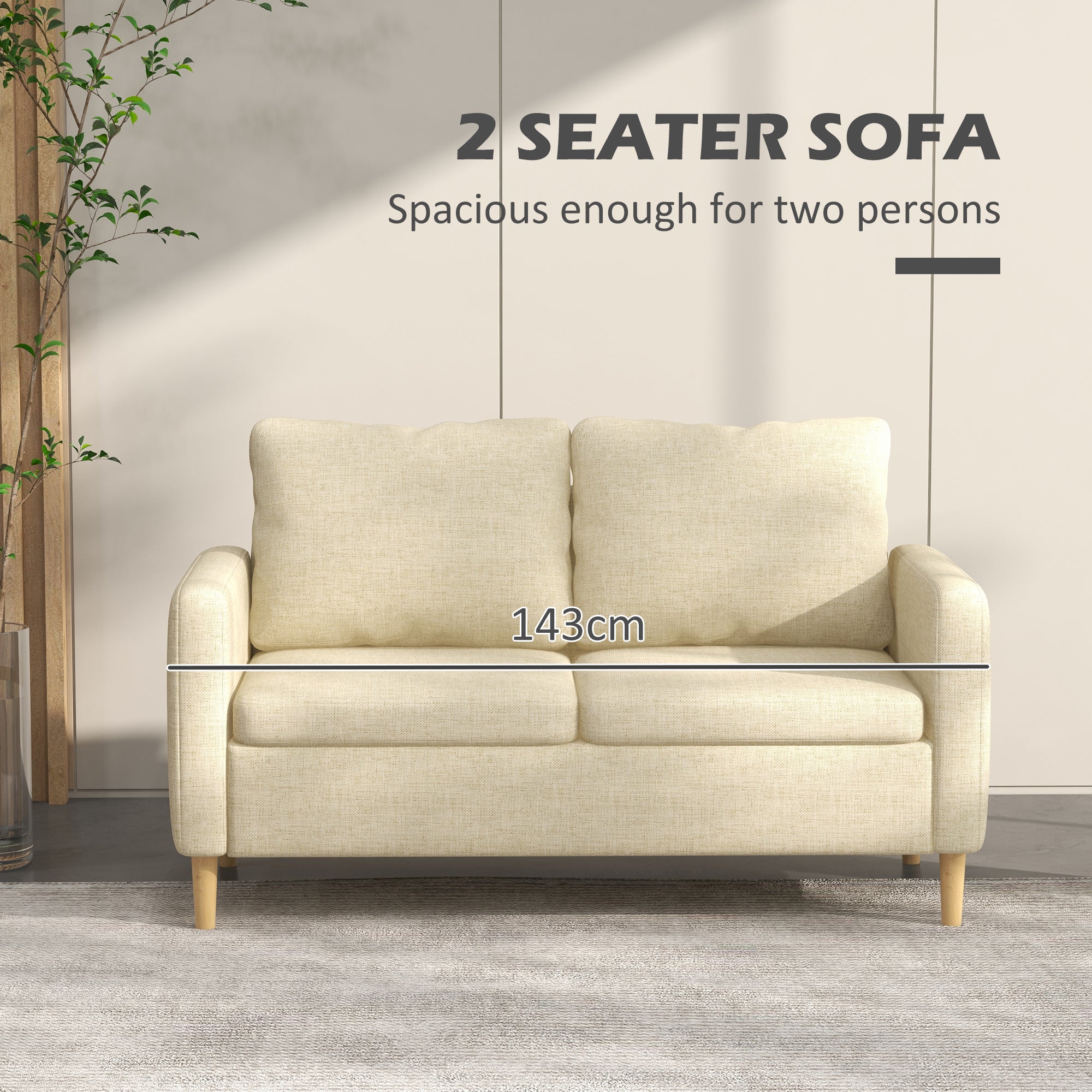 HOMCOM Two Seater Sofa for Living Room, Modern Fabric Couch with Wood Legs and 2 Pockets for Bedroom and Home Office, Beige - North Peak Garden Furniture