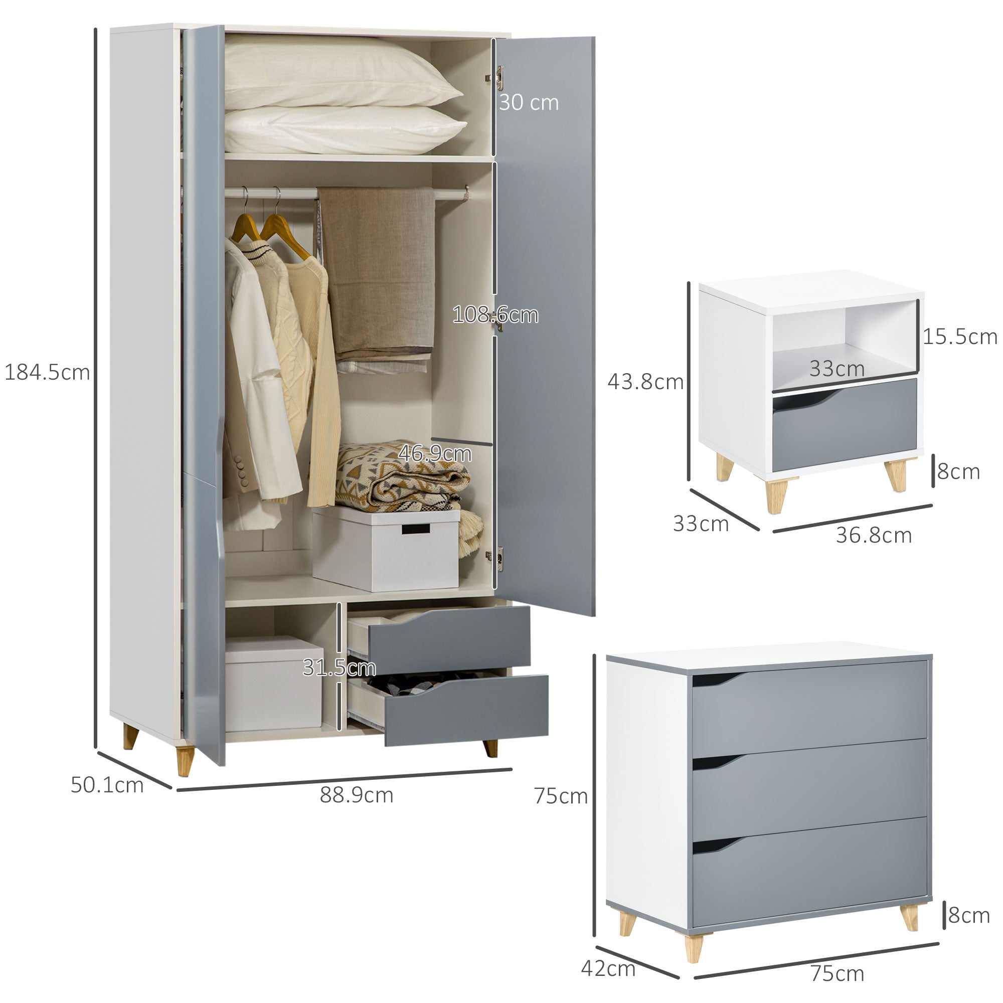 HOMCOM Bedroom Furniture Set, Wardrobe with Hanging Rail, 3 Drawer Chest of Drawers, Bedside Table with Drawer, Grey and White