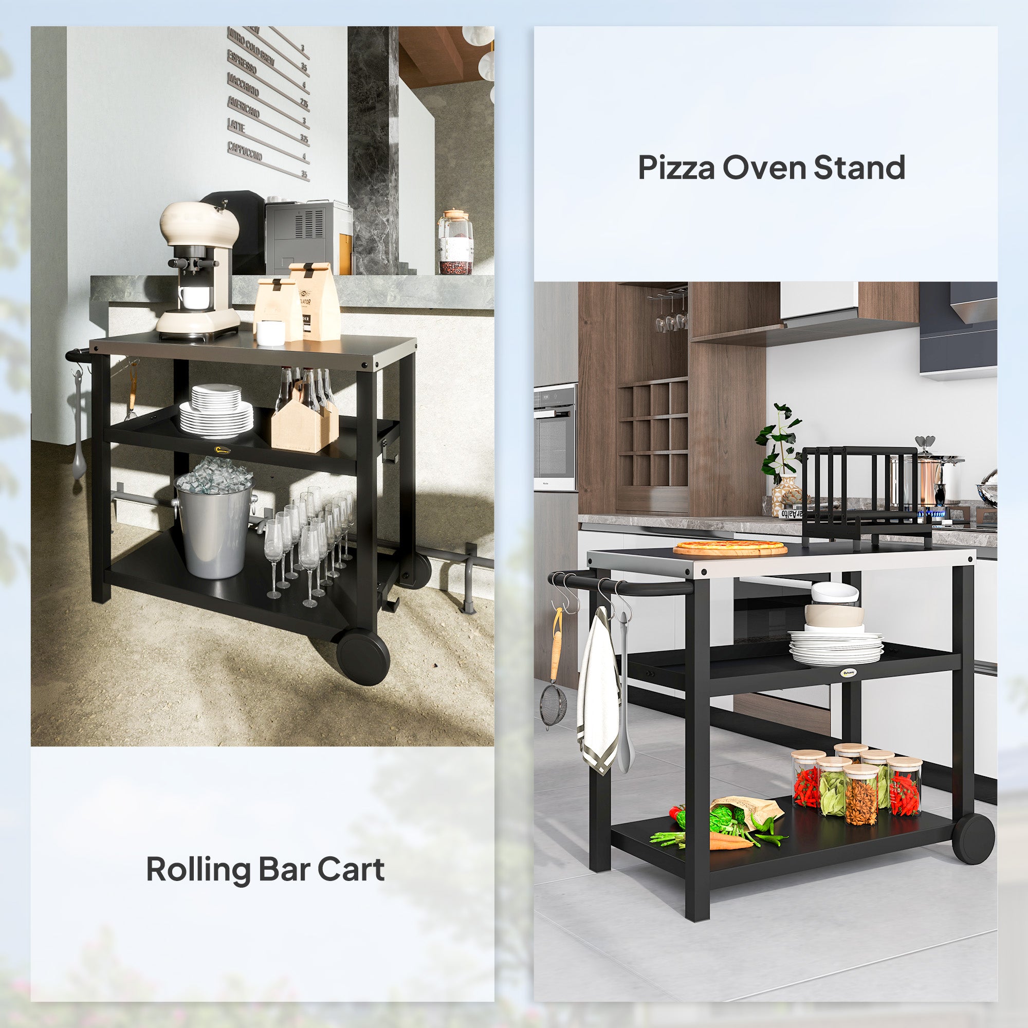 Outsunny Outdoor Grill Dining Cart 3-Shelf Movable Pizza Oven Table Stand with Stainless Steel Top, Portable BBQ Trolley Food Prep Outdoor Kitchen Barbecue Station with Hooks Wheels, Charcoal Grey