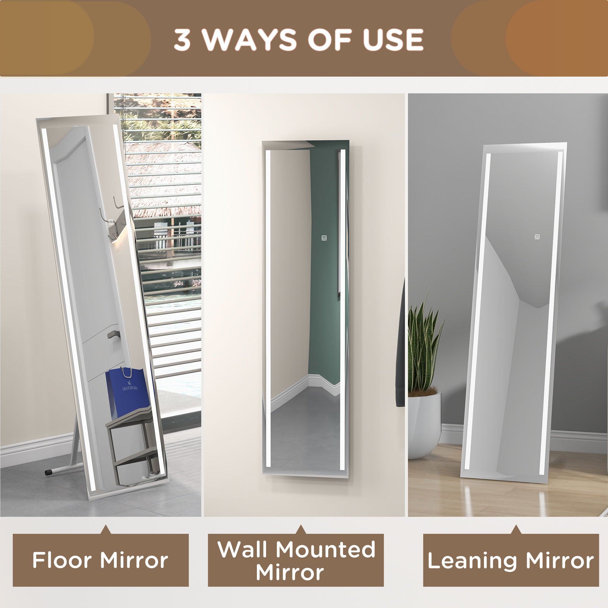 HOMCOM Standing Dressing Mirror with LED Lights, Wall Dressing Mirror for Bedroom with Dimmable and 3 Colour Lighting, White - North Peak Garden Furniture