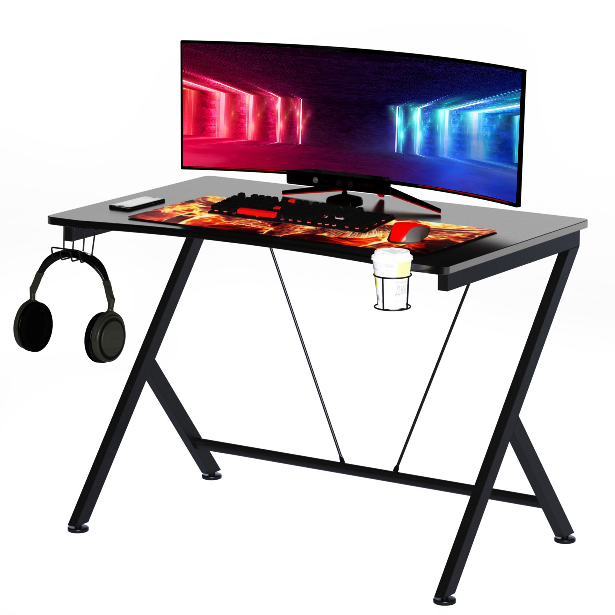 HOMCOM Gaming Desk, 108 x 66cm Computer Table Metal Frame with Cup Holder, Headphone Hook, Cable Hole, for Small Spaces, Black