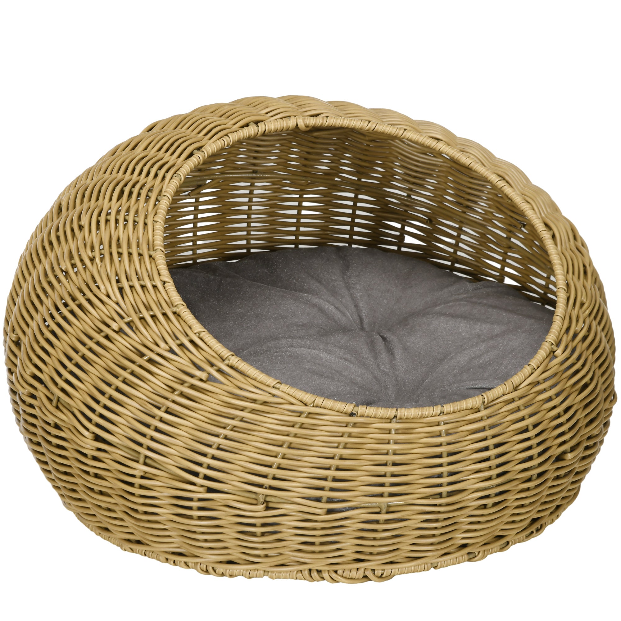 PawHut Wicker Cat House with Washable Cushion for Indoor Cats, Light Brown - North Peak Garden Furniture