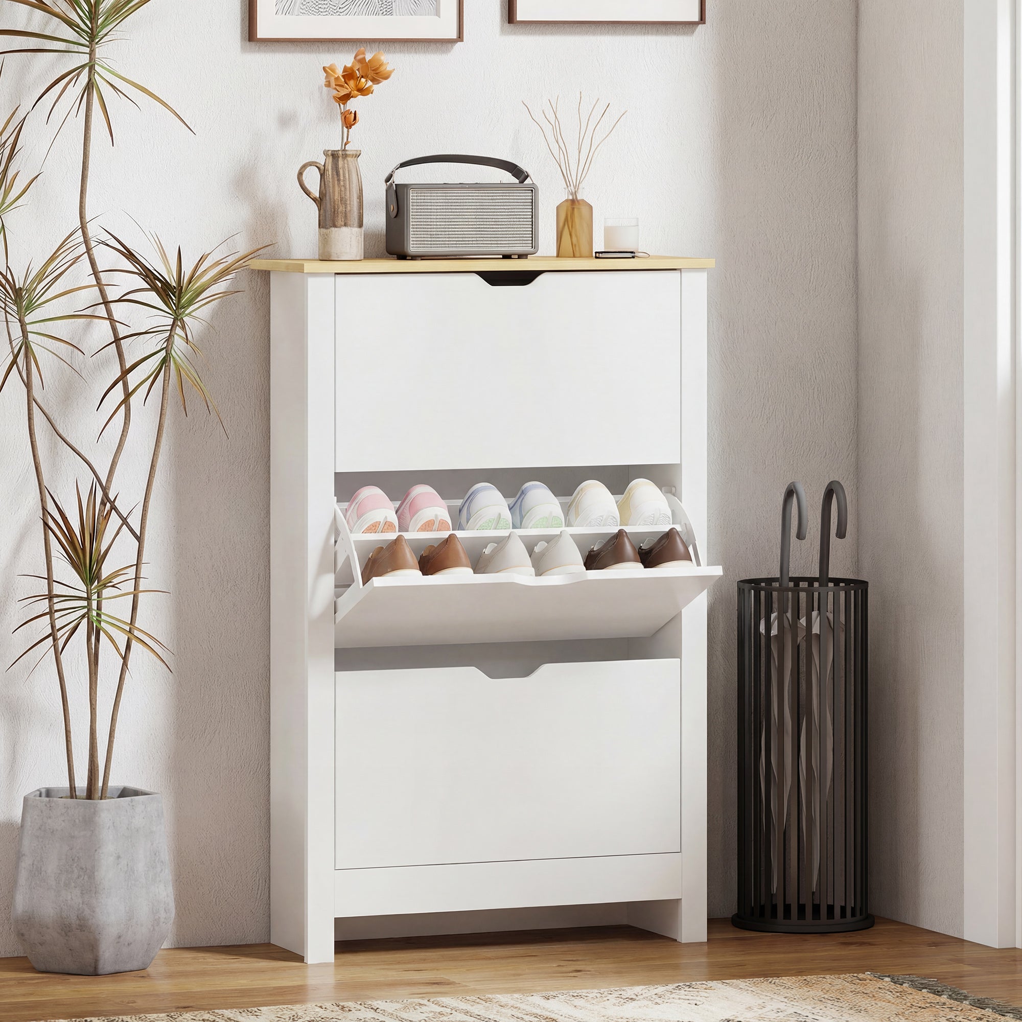 HOMCOM Slim Shoe Cabinet, Narrow Shoe Cupboard with 3 Flip Drawers, Adjustable Shelves for 18 Pairs of Shoes for Hallway, White