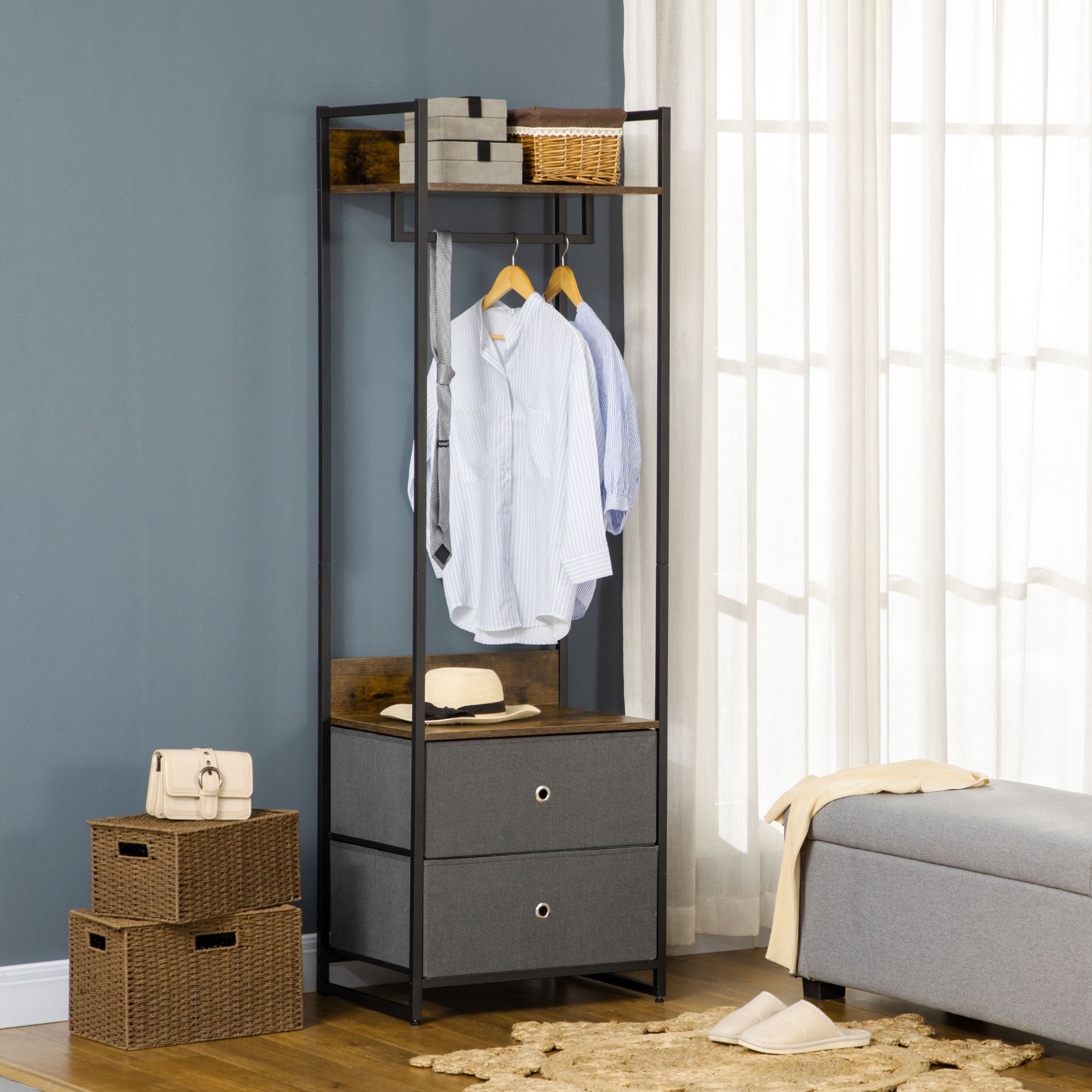 HOMCOM Clothes Rail, Metal Coat Stand, Garment Rack with 2 Fabric Storage Drawers, Single Wardrobe for Bedroom, Hallway, Rustic Brown and Grey - North Peak Garden Furniture