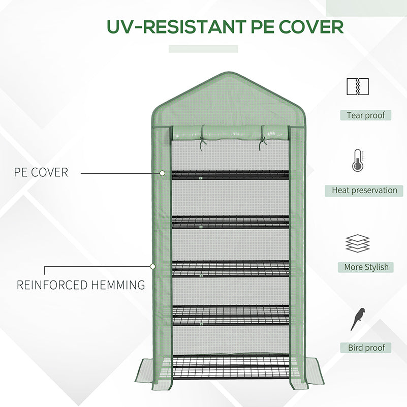 Outsunny 5 Tier Widened Mini Greenhouse with Reinforced PE Cover, Portable Indoor Outdoor Green House with Roll-up Door and Wire Shelves, 193H x 90W x 49Dcm, Green - North Peak Garden Furniture