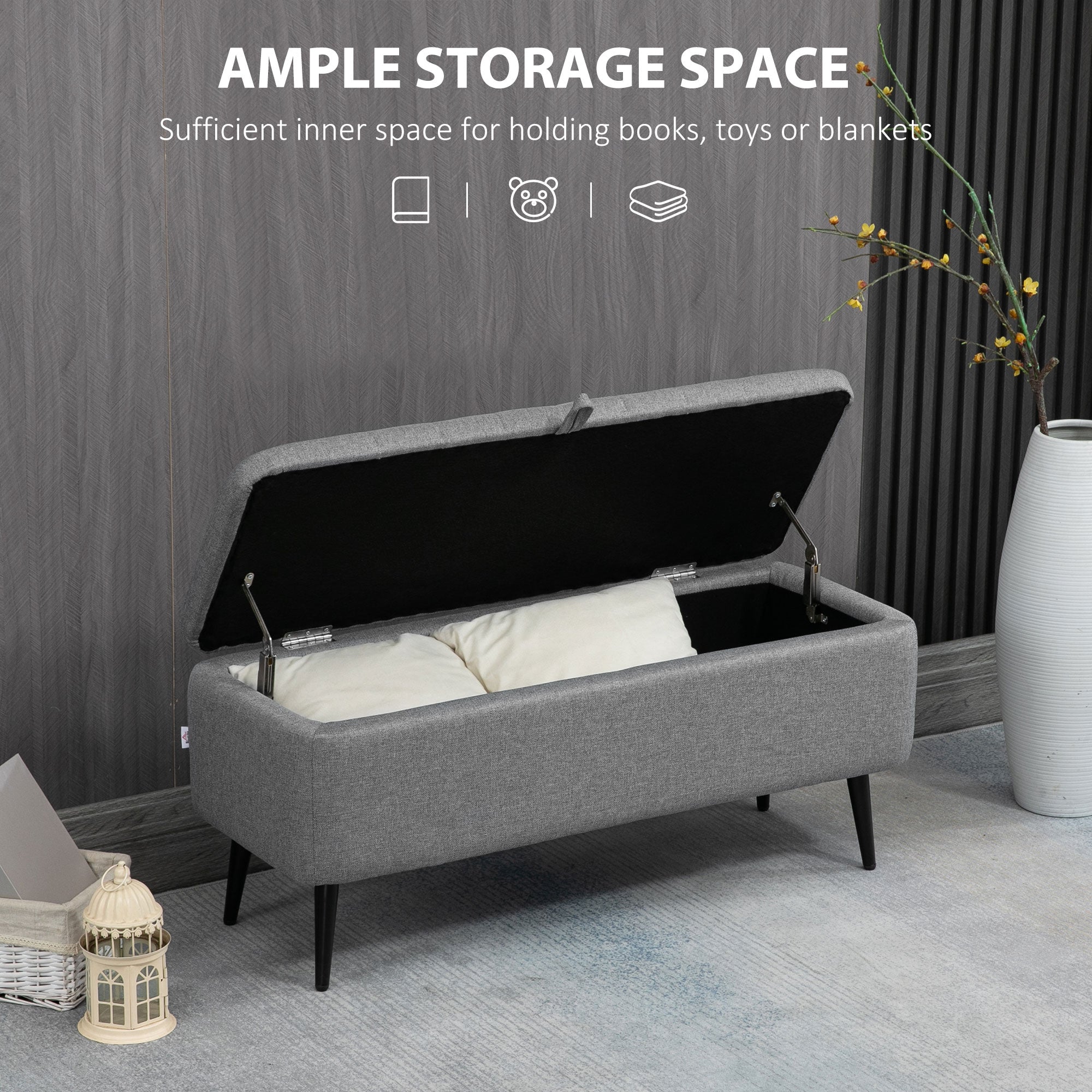 HOMCOM Storage Ottoman with Flip Top, Rectangular Upholstered Bench, Linen Fabric Footstool with Steel Legs for Living Room, Bedroom, Grey - North Peak Garden Furniture