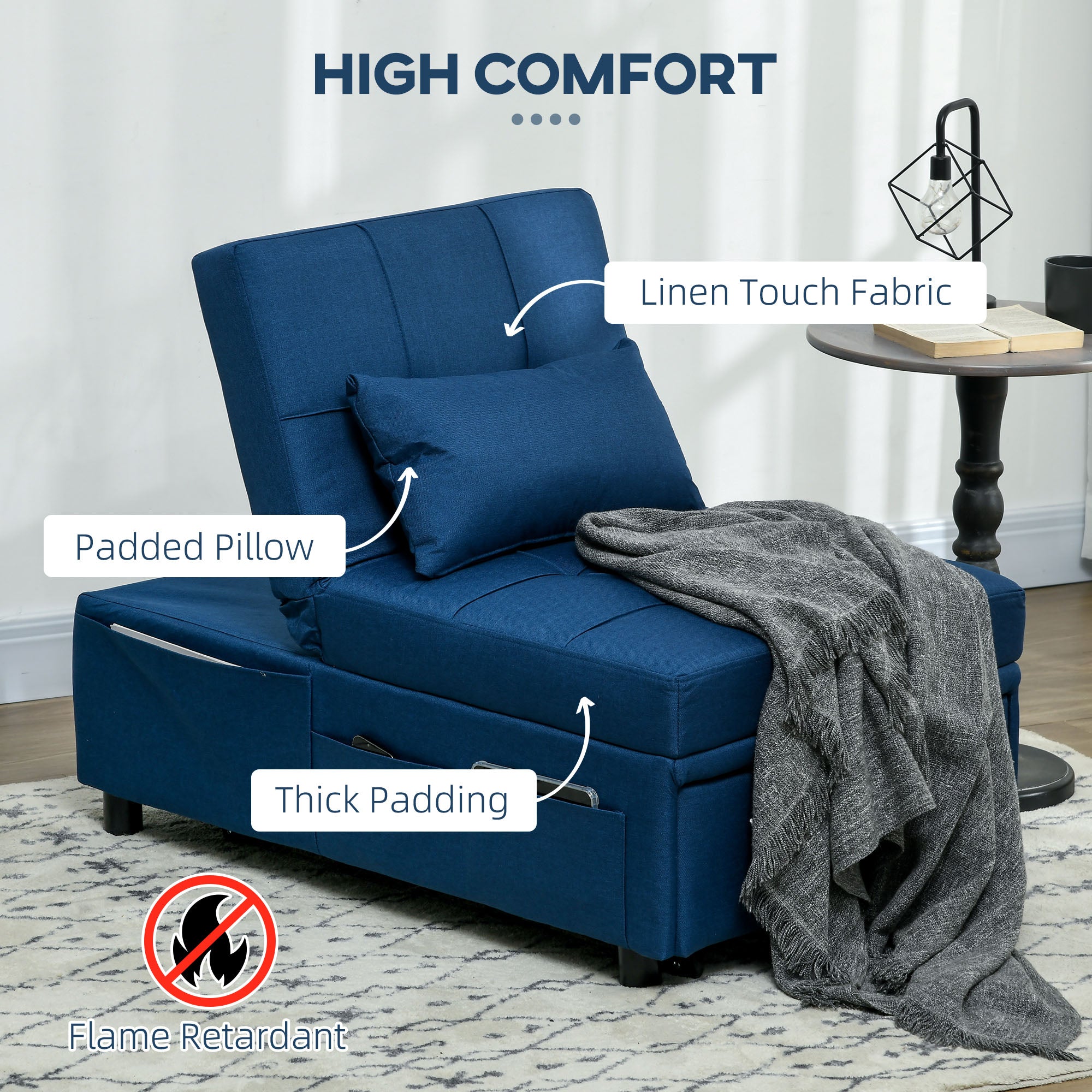HOMCOM Convertible Chair Bed with Padding Seat, 4-in-1 Multi-Functional Sleeper Sofa Bed, Recliner with Adjustable Backrest, Side Pocket, Wheels and Pillow, for Living Room, Blue - North Peak Garden Furniture