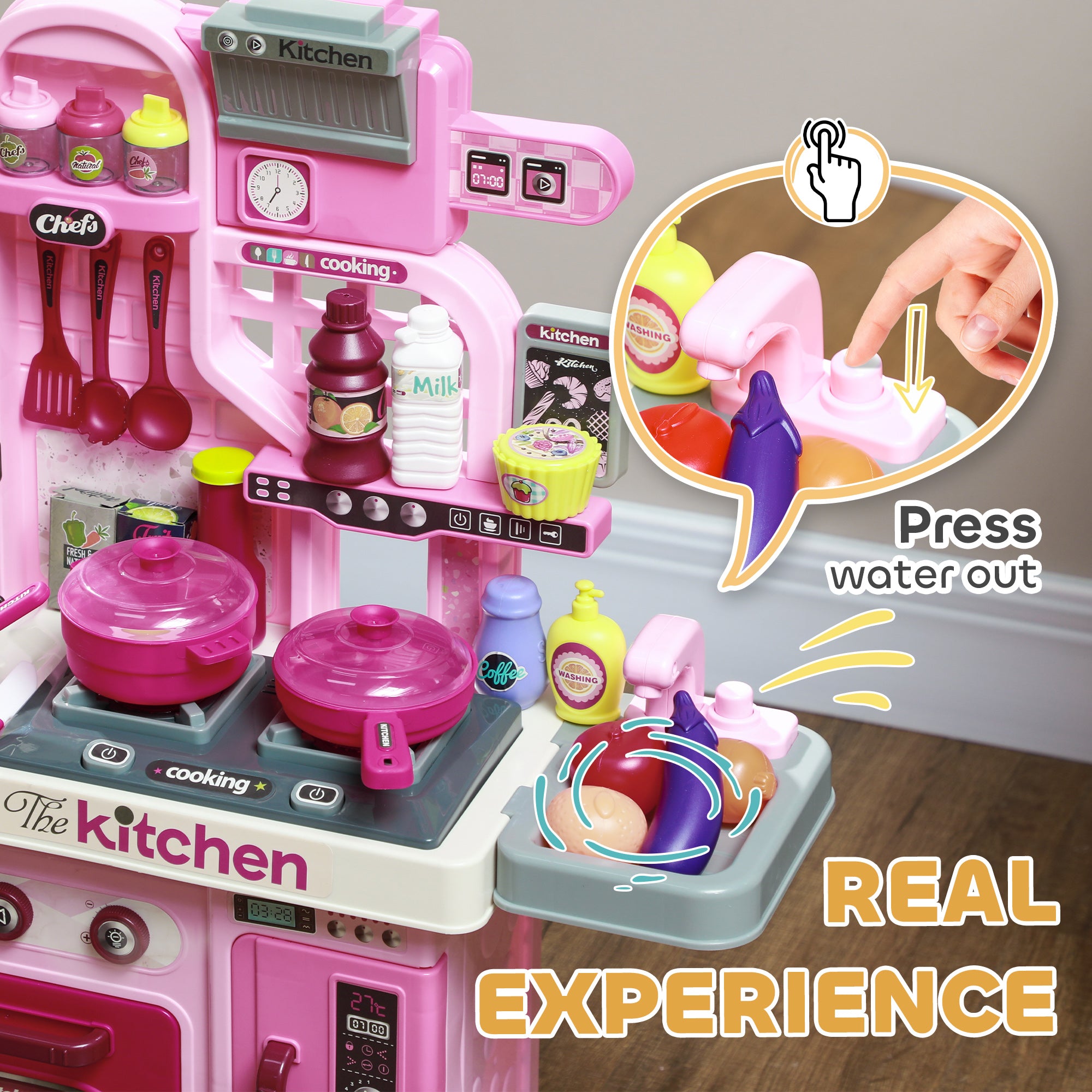 AIYAPLAY Kids Kitchen with 33 Pieces, Lights, Sounds, Storage, for Ages 3-6 Years, Pink - North Peak Garden Furniture