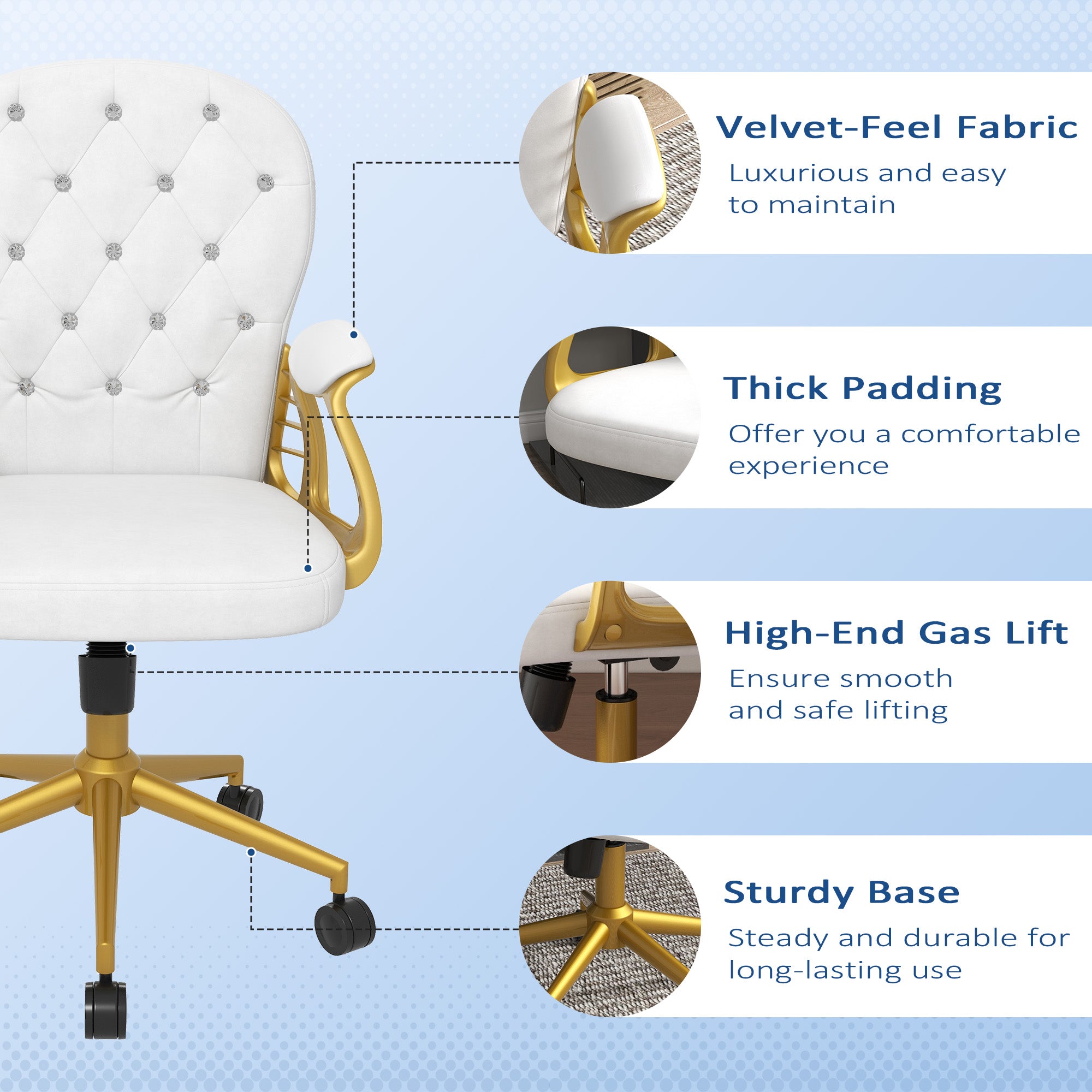 Vinsetto Height Adjustable Home Office Chair, Button Tufted Computer Chair with Padded Armrests and Tilt Function, Cream White - North Peak Garden Furniture