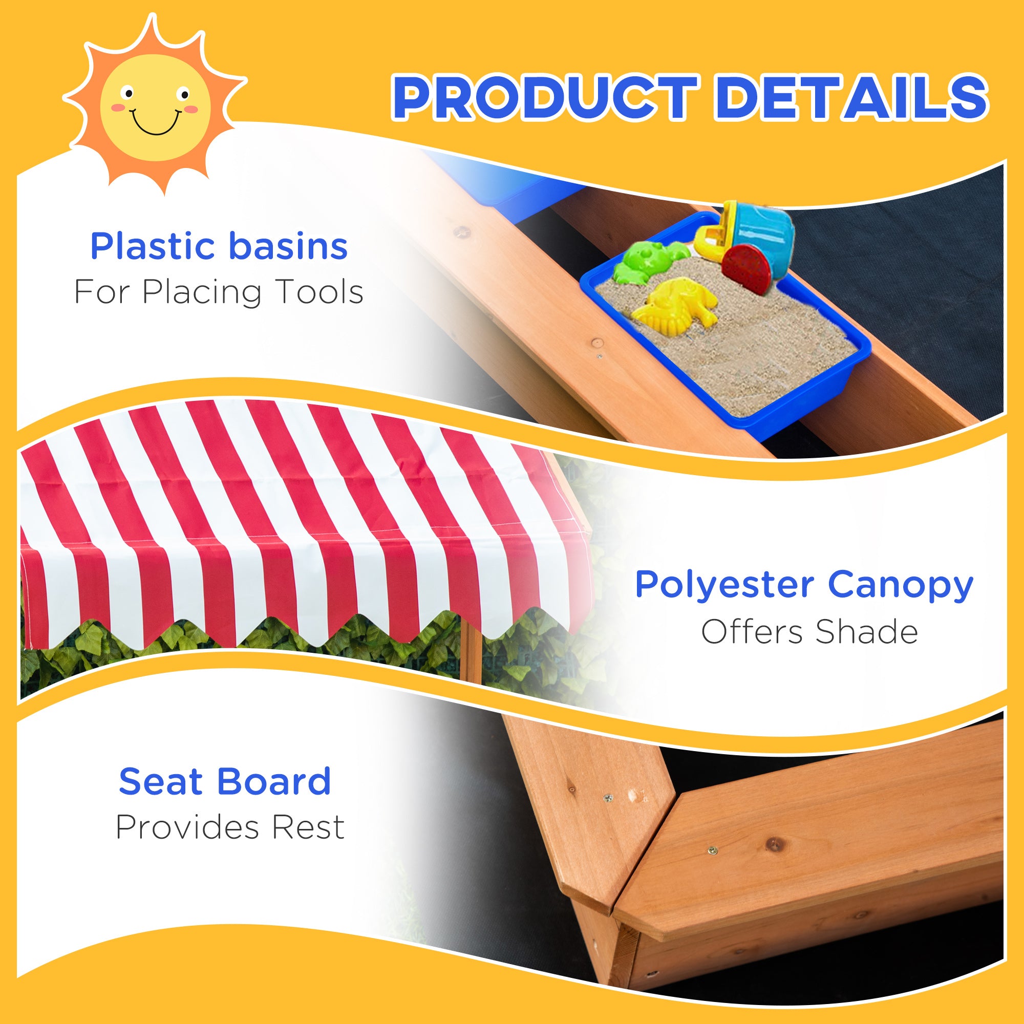 Outsunny Sand Pit Kids Wooden Sandbox with Cover Children Sandpit Play Station Height Adjustable with Canopy, Bottom Liner, Plastic Basins for Outdoor Aged 3-7 Years