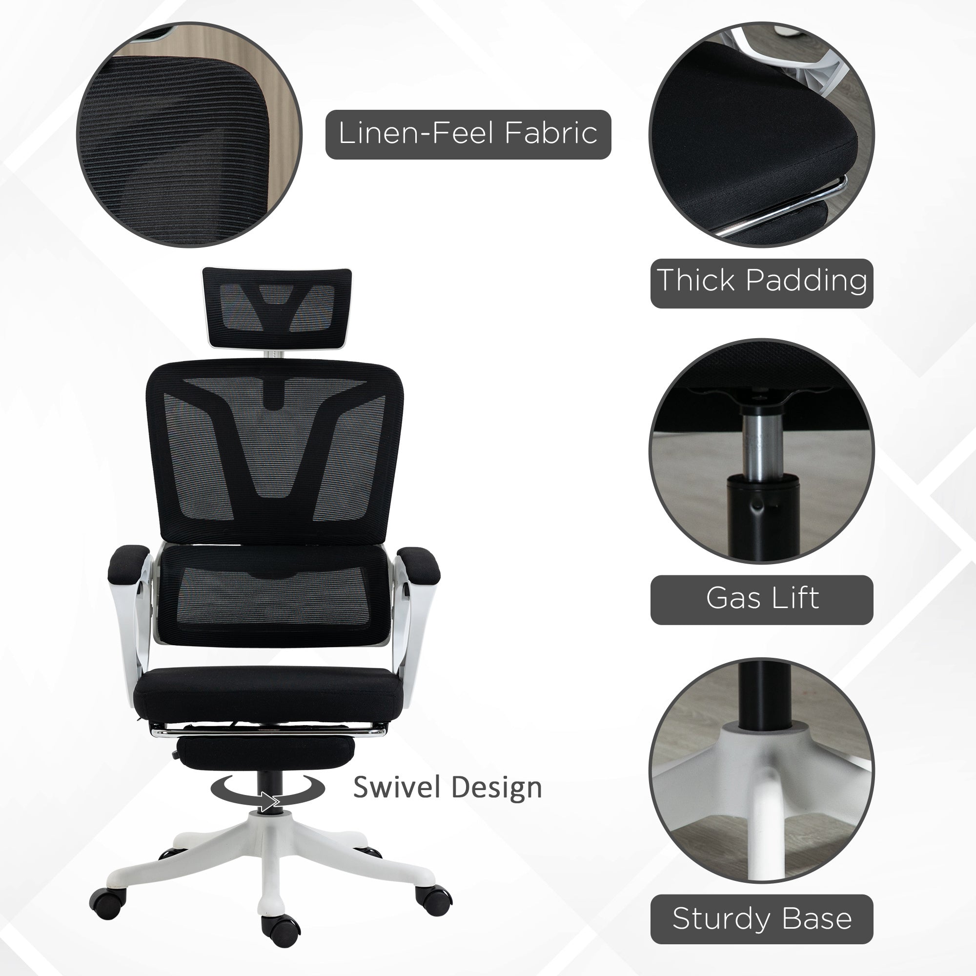 Vinsetto Ergonomic Office Chair, High Back Desk Chair, Reclining Mesh Computer Chair with Adjustable Headrest, Lumbar Support, Foot Rest, Swivel Wheels, Adjustable Height, Black - North Peak Garden Furniture
