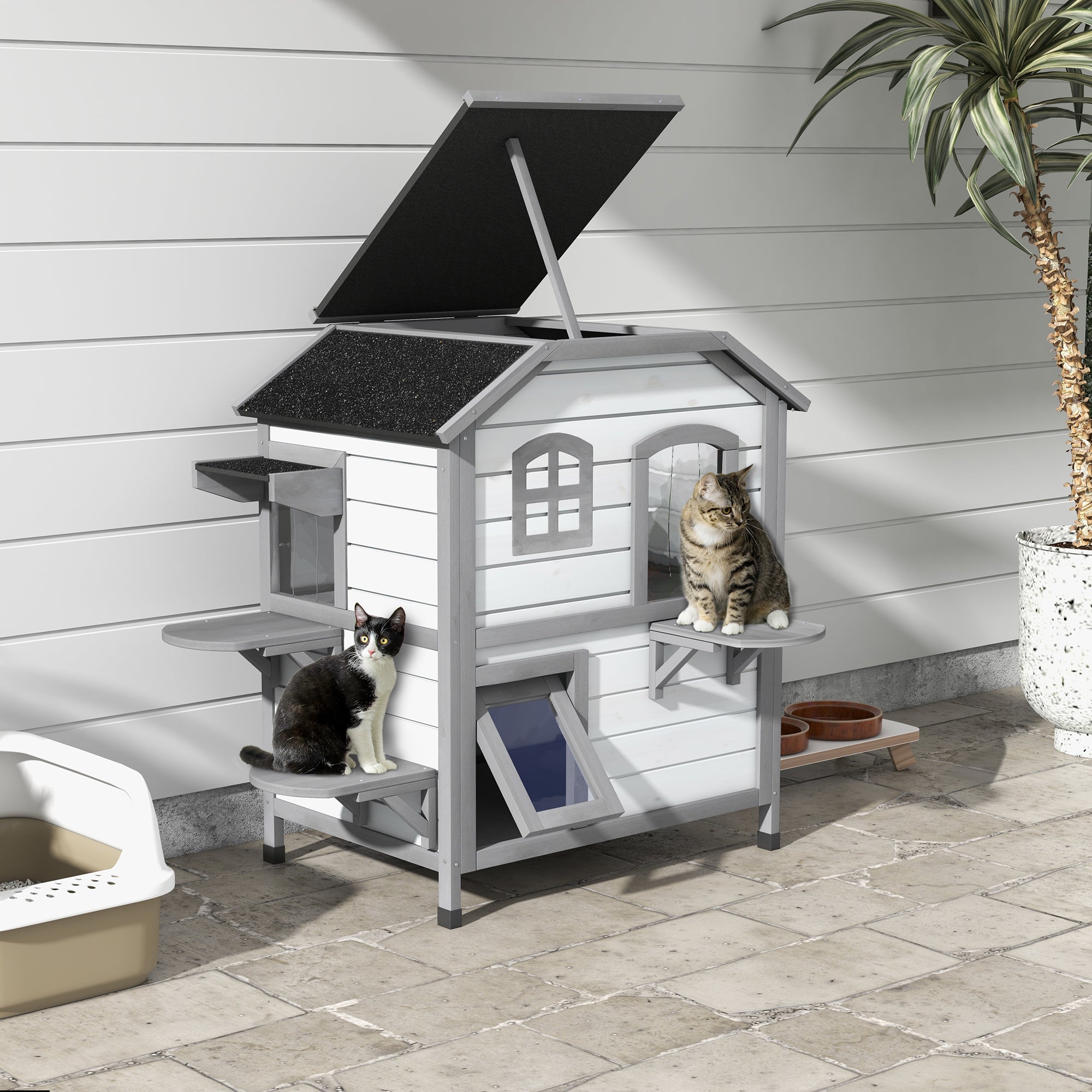 PawHut 2-Story Indoor or Outdoor Cat House W/ Escape Door, Cat Shelter, White - North Peak Garden Furniture