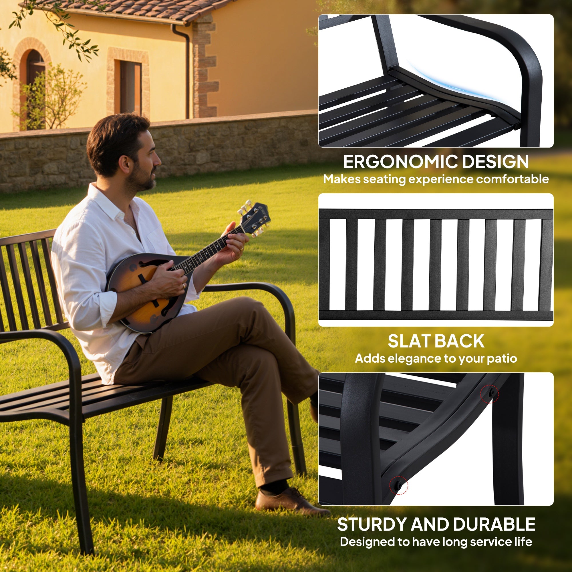 Outsunny Metal Garden Bench Loveseat with Slatted Seat, Black