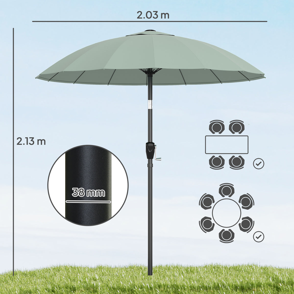Outsunny 2 m Shanghai Garden Parasol Umbrella with 16 Fibreglass Ribs, Outdoor Parasol Sun Shade with Crank & Tilt, Turquoise