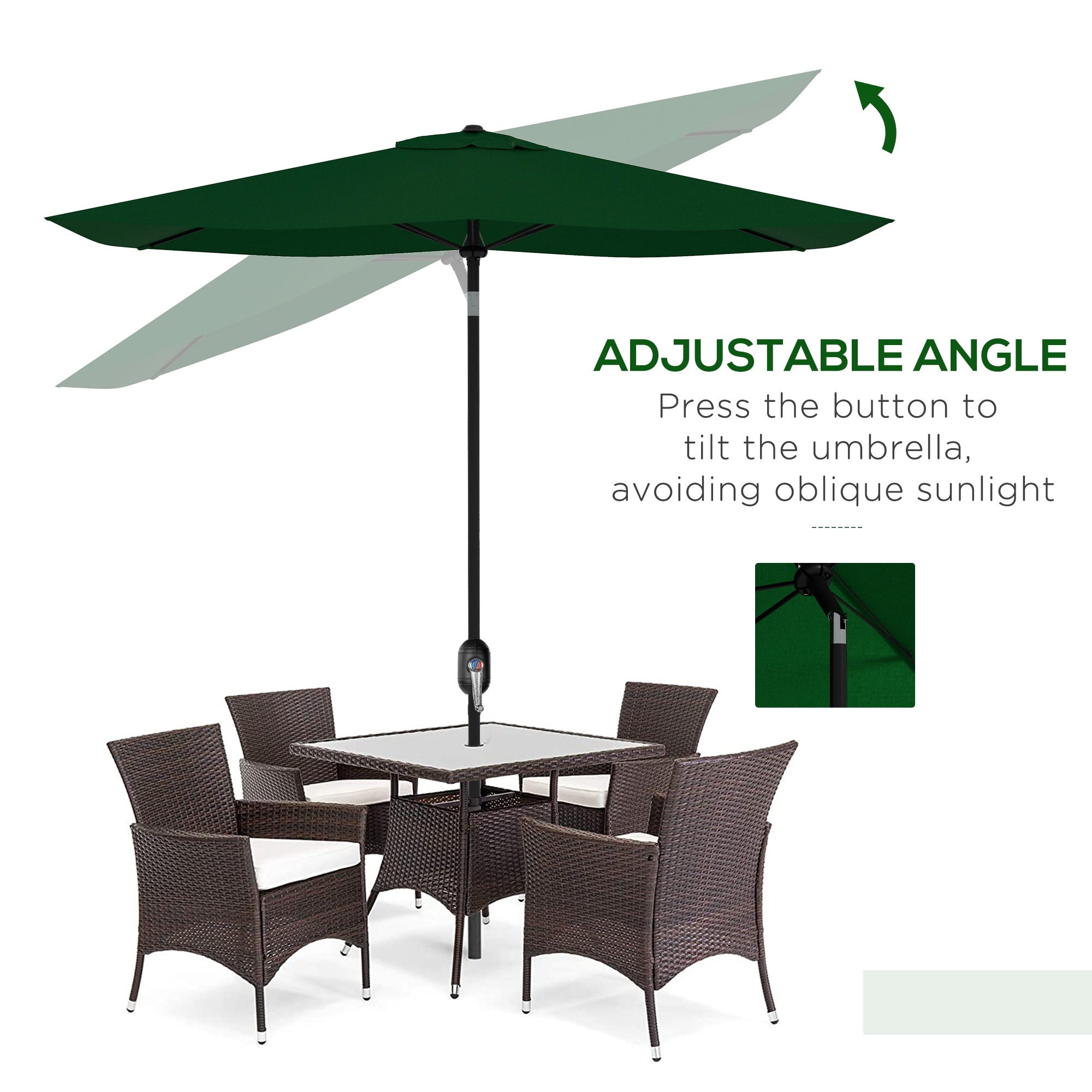 Outsunny Rectangular Outdoor Parasol Market Umbrella with Crank & Push Button Tilt, 6 Ribs, Aluminium Pole, 2 x 3(m), Green