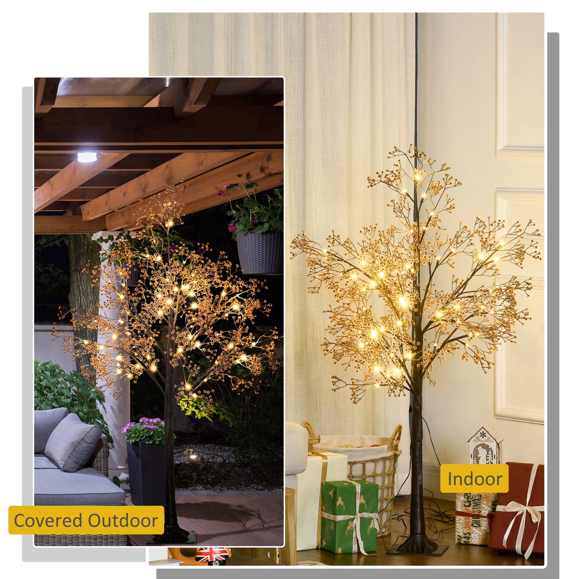 HOMCOM 4ft Artificial Gypsophila Blossom Tree Light with 72 Warm White LED Light, Baby Breath Flowers for Home Party Wedding, Indoor and Outdoor Use - North Peak Garden Furniture