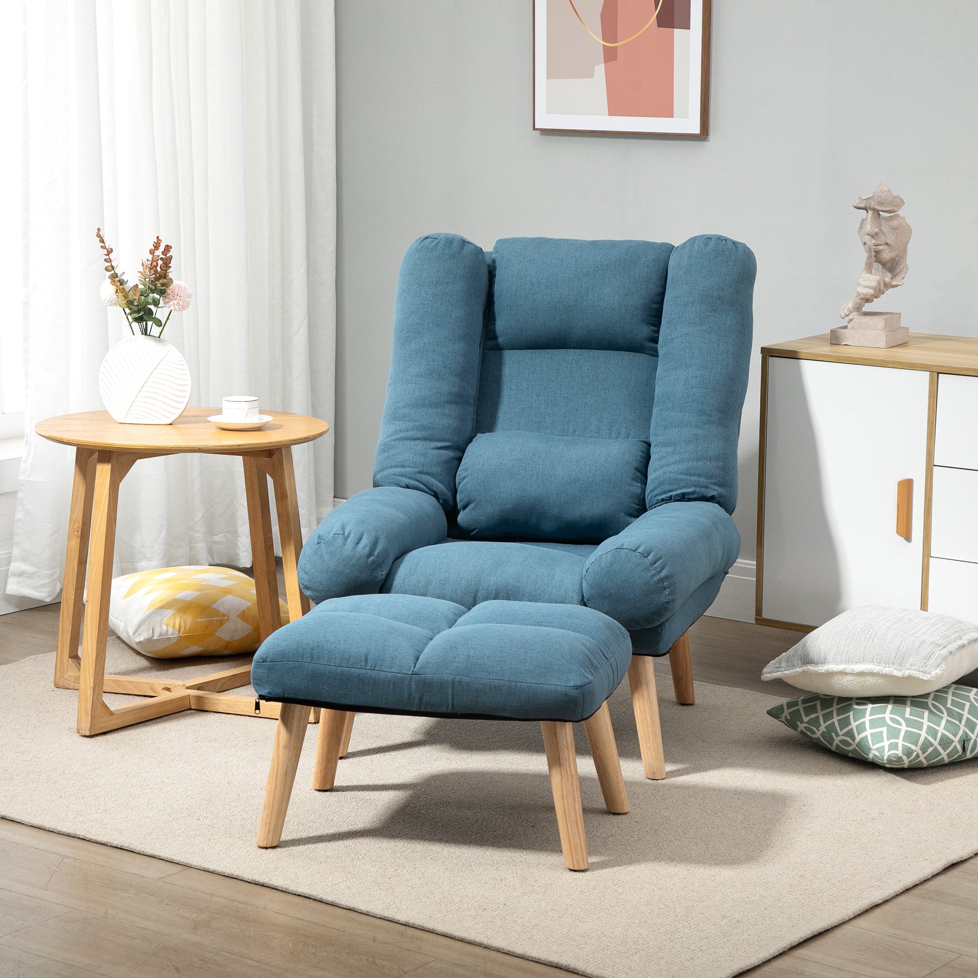 HOMCOM Armchair with Footstool, 180° Recliner with Ottoman, Accent Chair and Footstool with 3-Position Adjustable Backrest and Wooden Legs for Living Room, Blue - North Peak Garden Furniture
