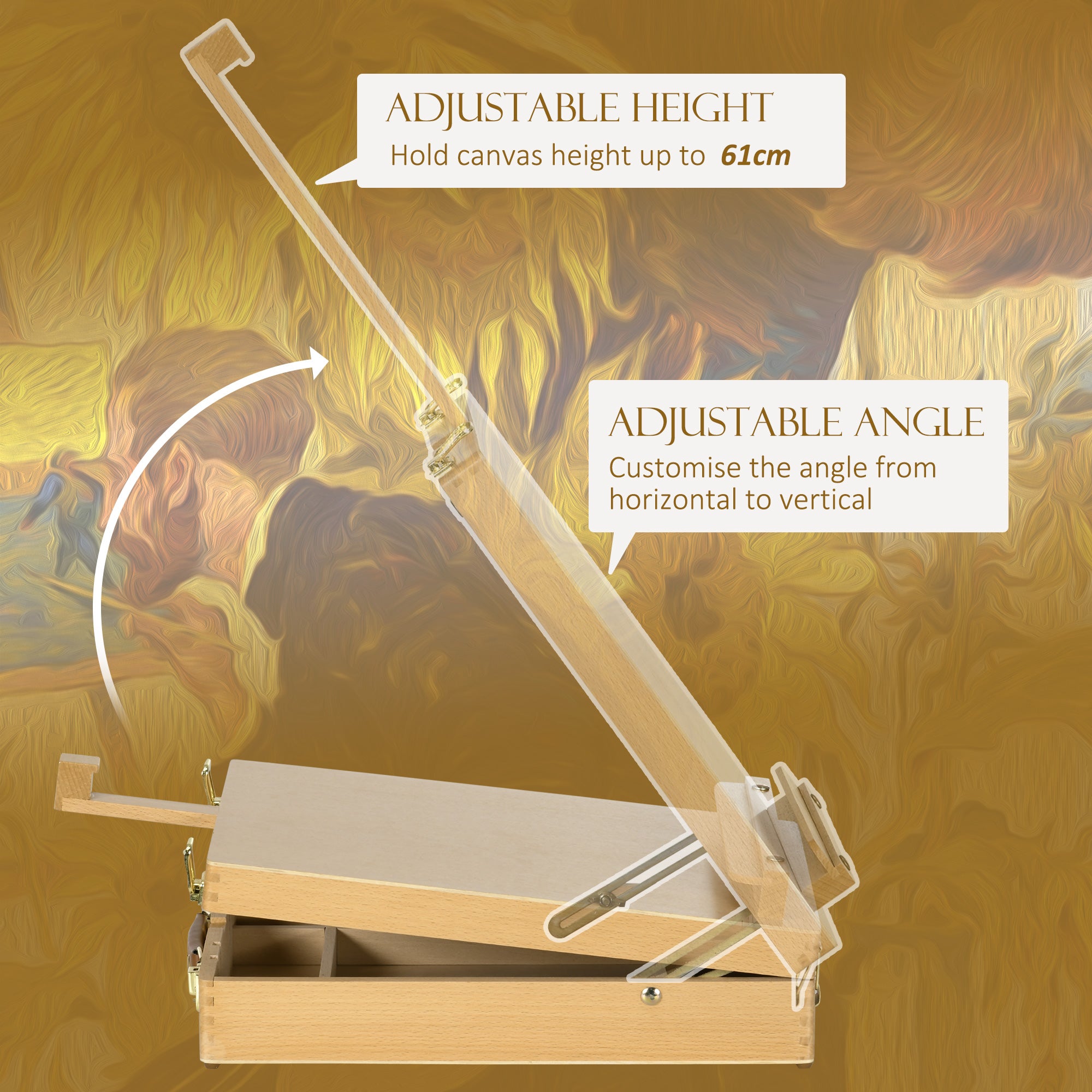 Vinsetto Wooden Table Easel Box Hold Canvas up to 61cm, Adjustable Beechwood Storage Table Box Easel, Portable Folding Artist Drawing & Sketching Board for Adults, Beginners, Artists Painting - North Peak Garden Furniture