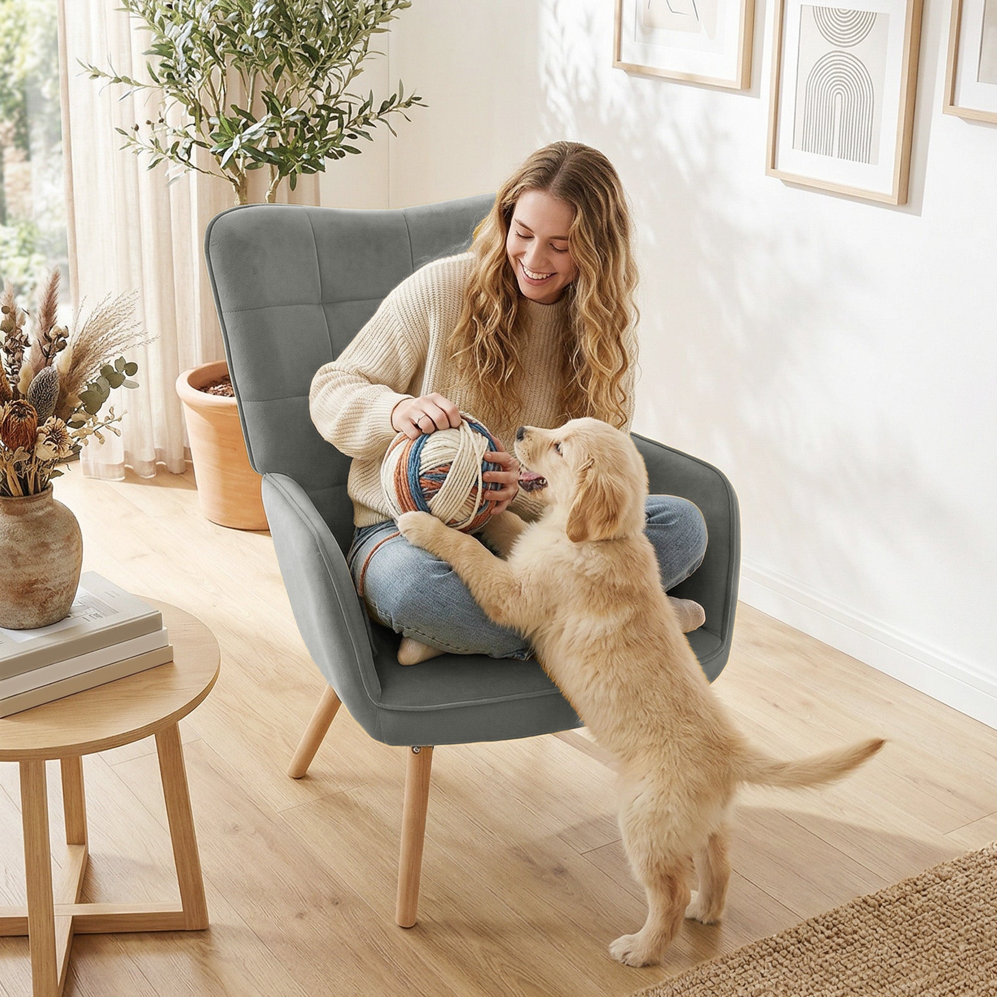 HOMCOM Modern Accent Chair Velvet-Touch Tufted Wingback Armchair Upholstered Leisure Lounge Sofa Club Chair with Wood Legs, Grey