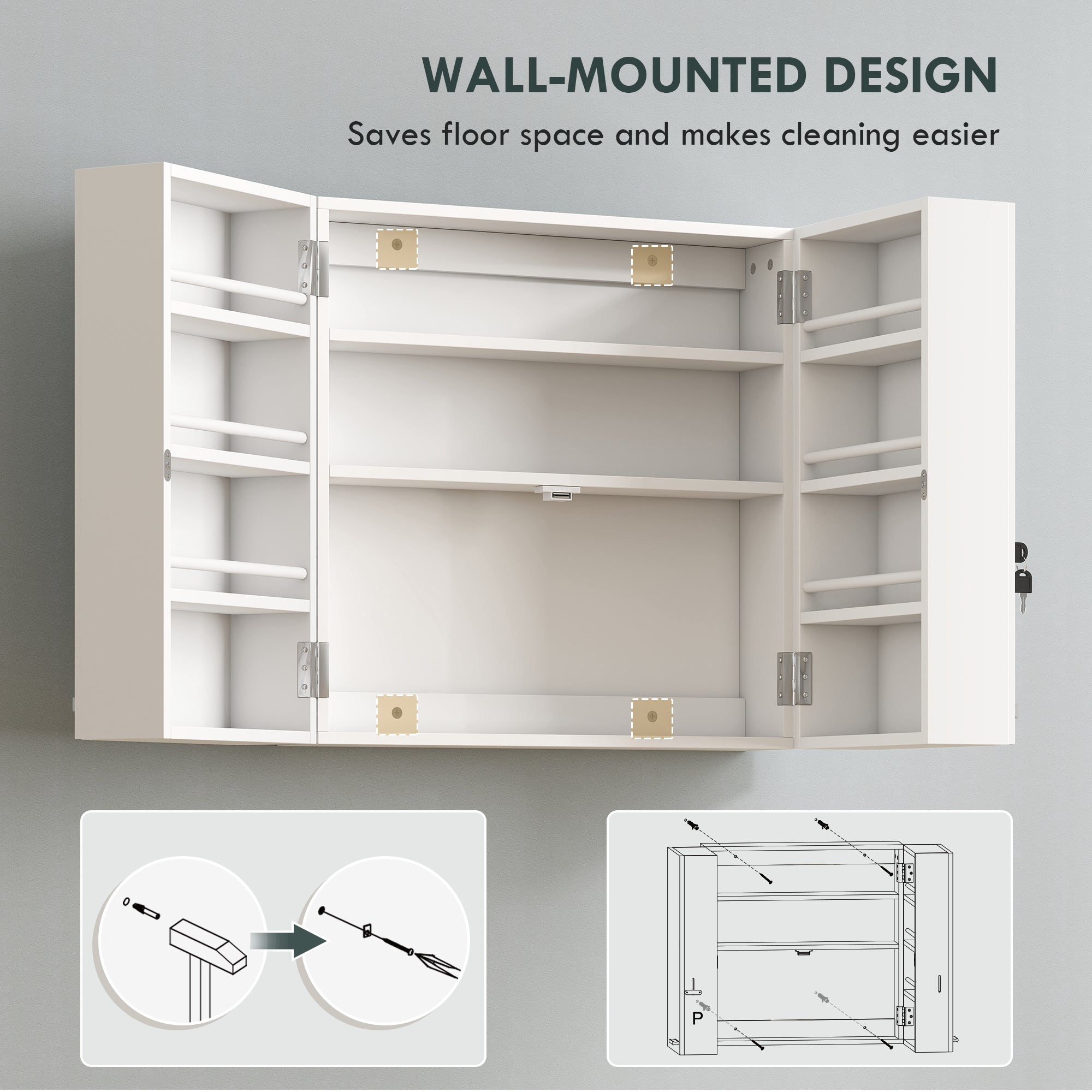 HOMCOM Wall Mount Medicine Cabinet with Key Lock, 3 Tier First Aid Cabinet with 2 Doors and 11 Storage Compartments, White