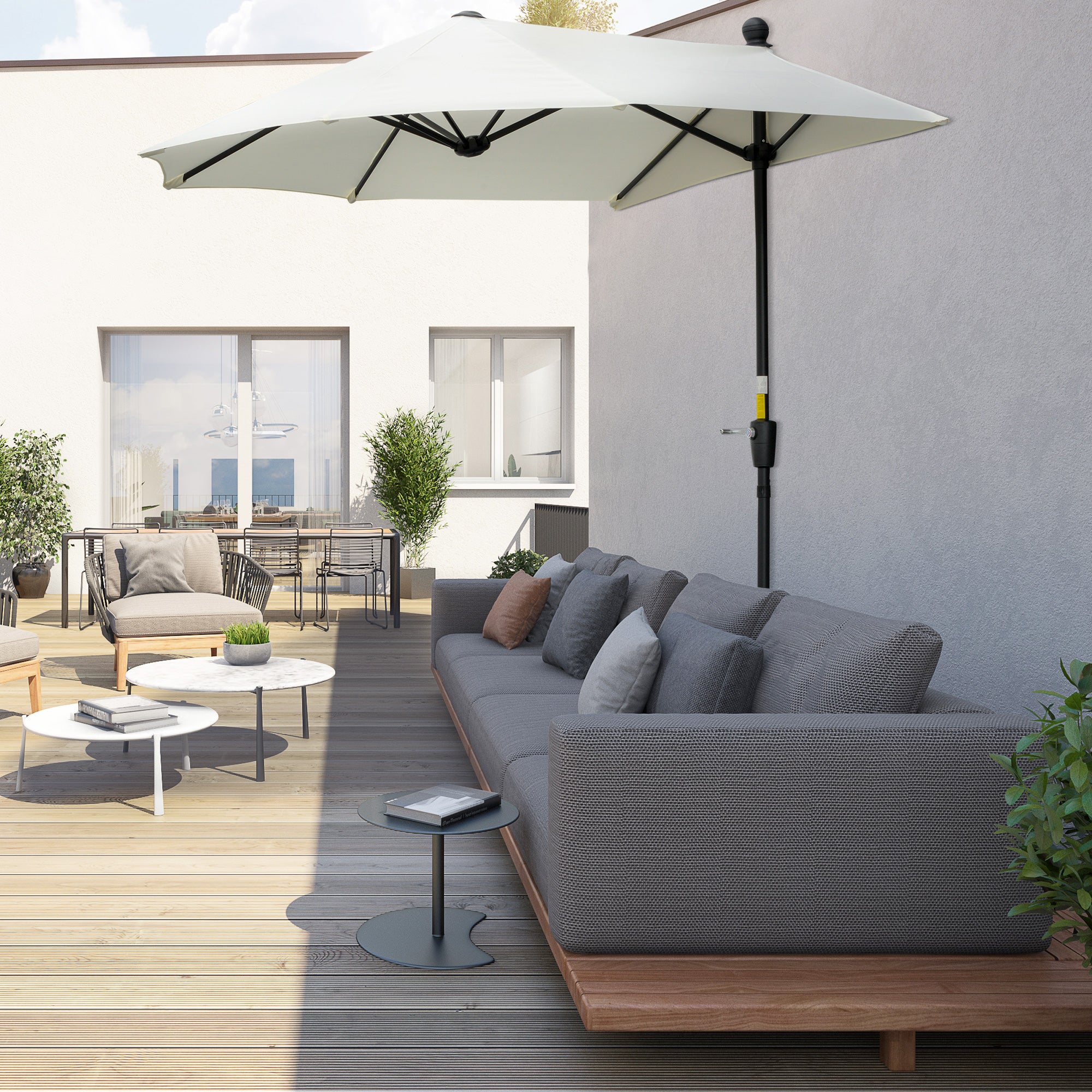 Outsunny 2m Half Parasol Market Umbrella Garden Balcony Parasol with Crank Handle, Base, Double-Sided Canopy, Cream White - North Peak Garden Furniture