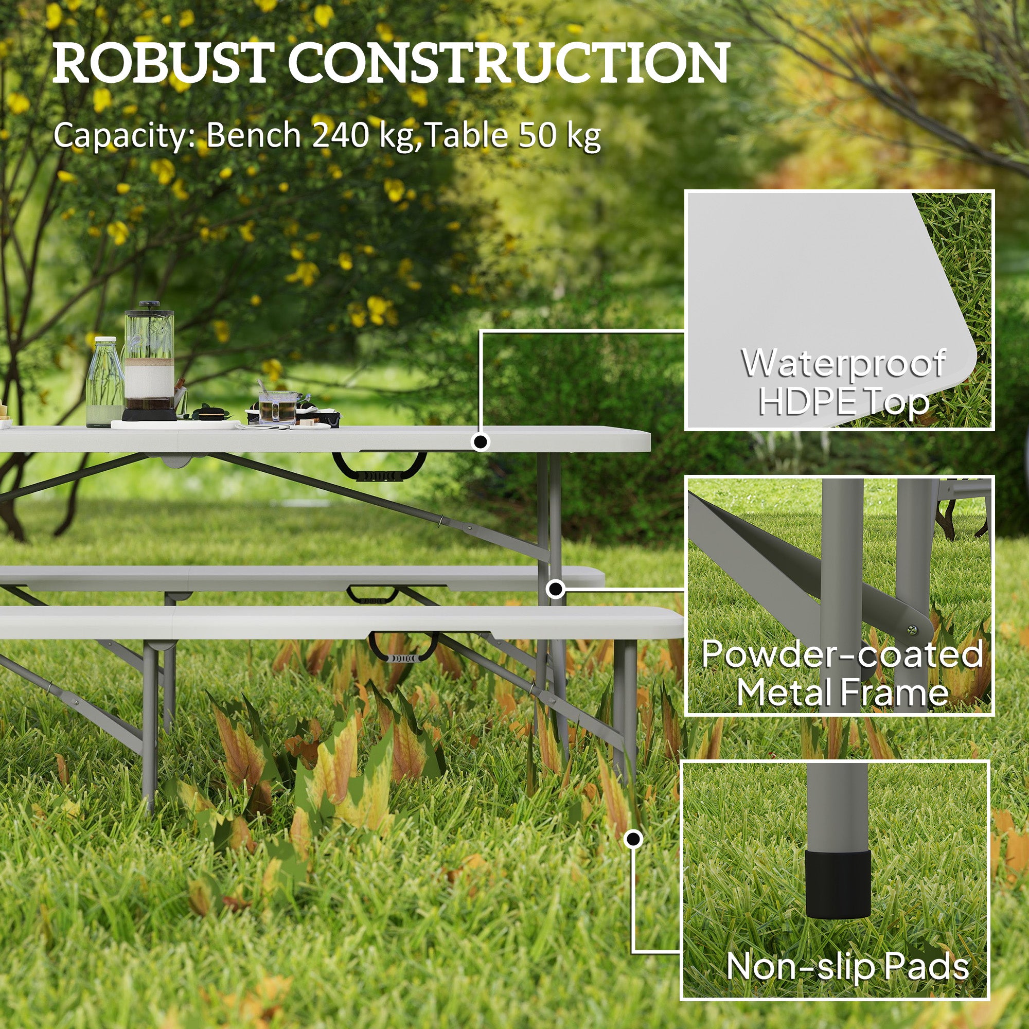 Outsunny 3 Piece 6ft Folding Picnic Table and Bench Set, Portable HDPE Camping Table and Chairs with Carrying Handles for Indoor Outdoor, Dining, Camping, Picnic, BBQ, Party, White - North Peak Garden Furniture